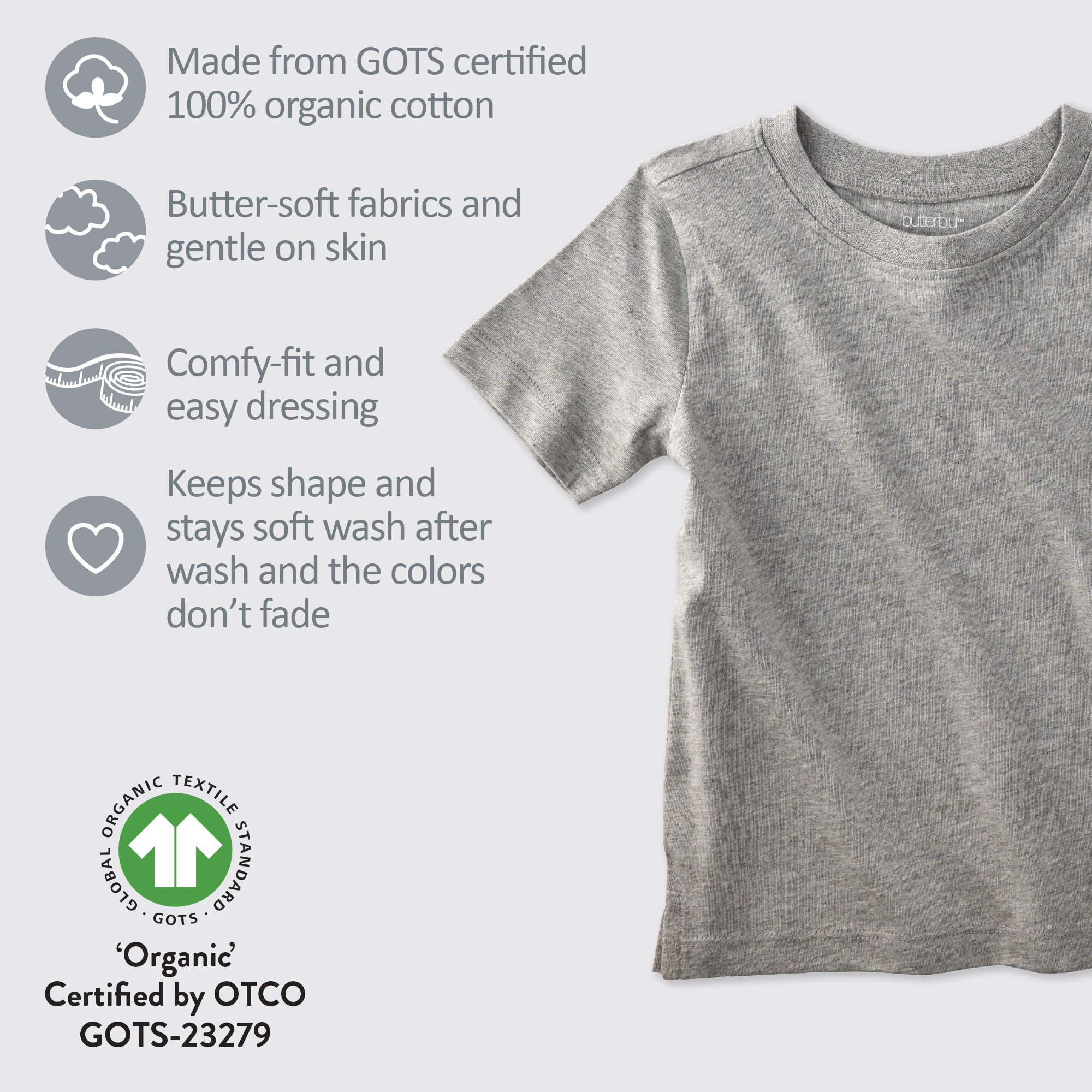 Gray t-shirt with organic cotton certification details on a white background