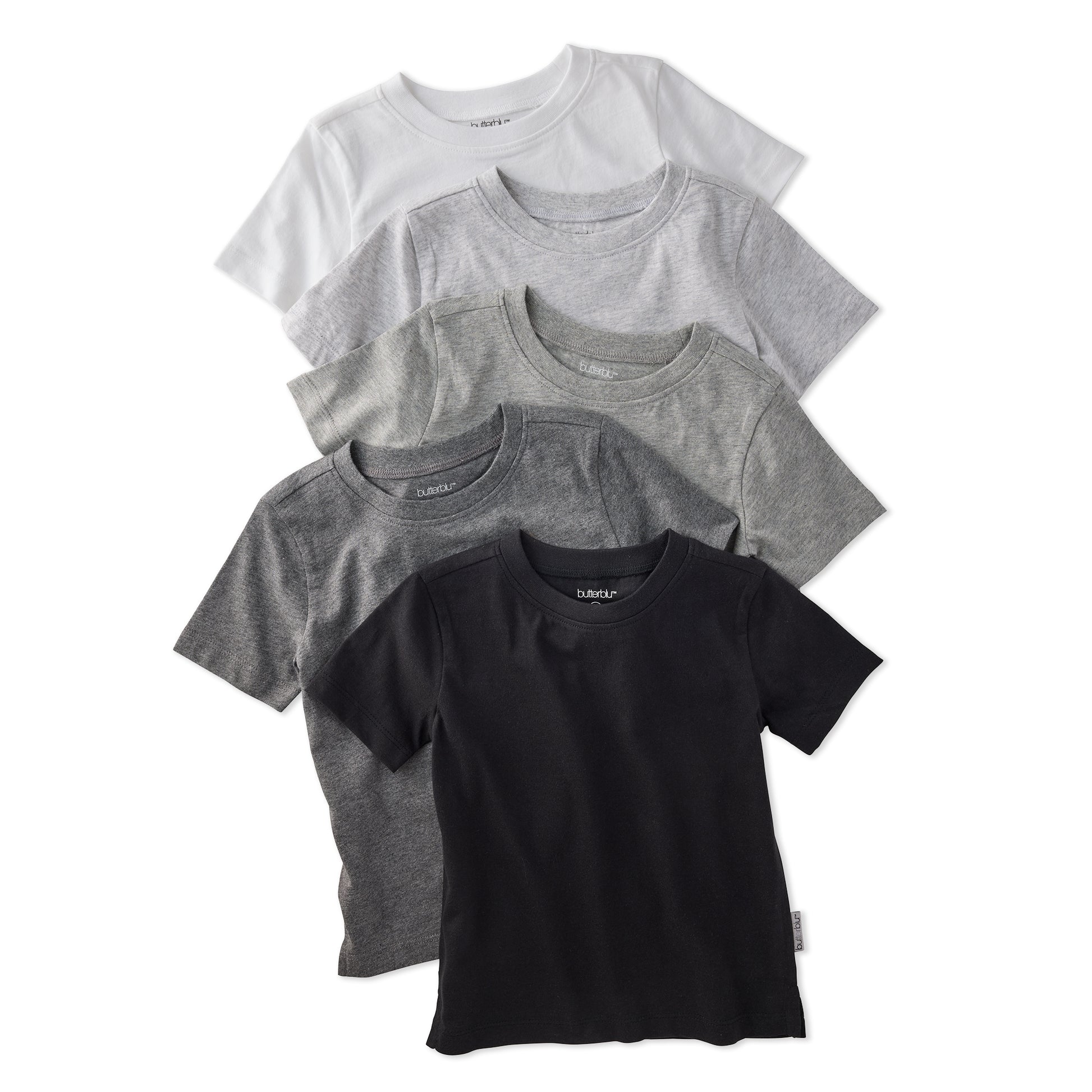 Set of five t-shirts in black and gray on a white background