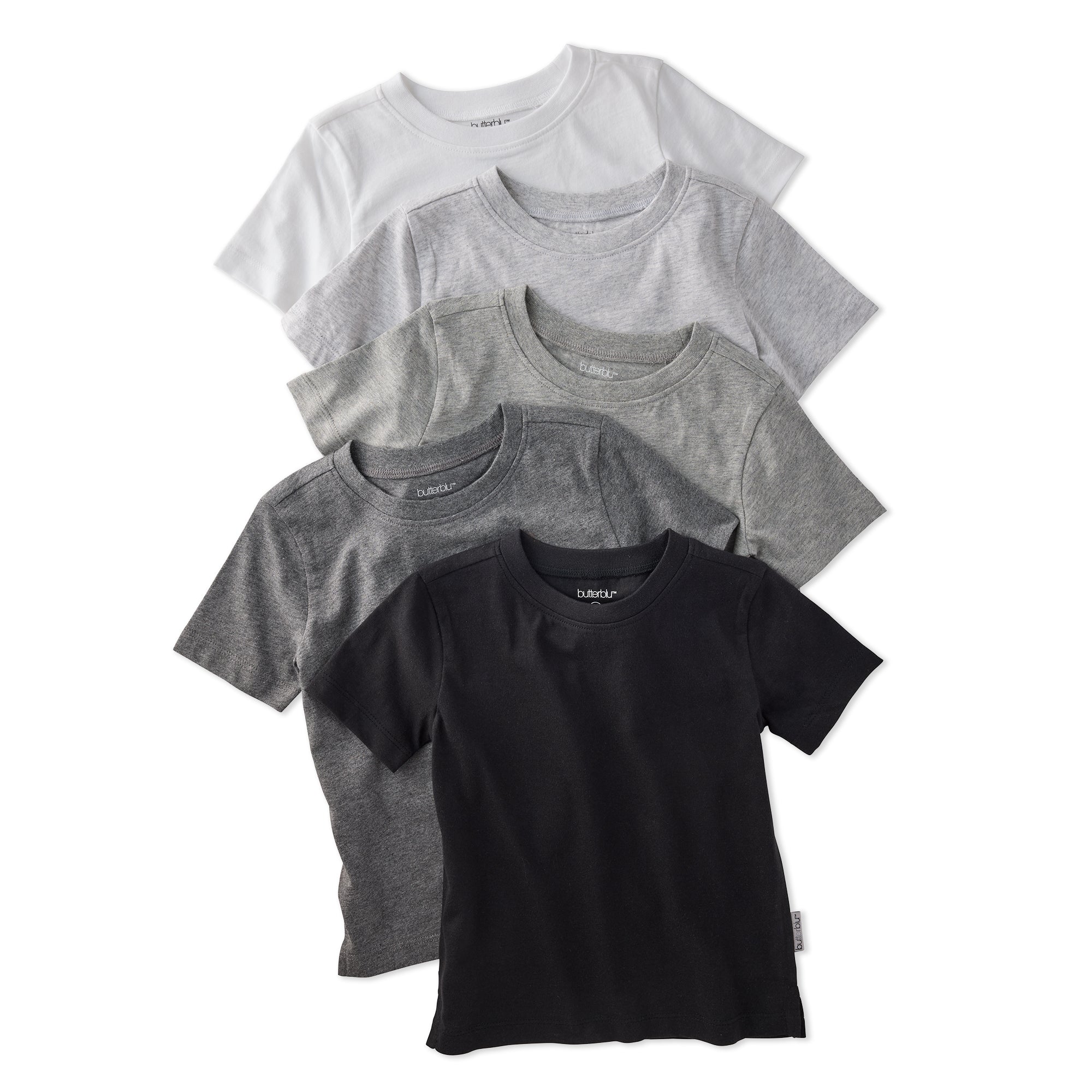 Set of five t-shirts in black and gray on a white background