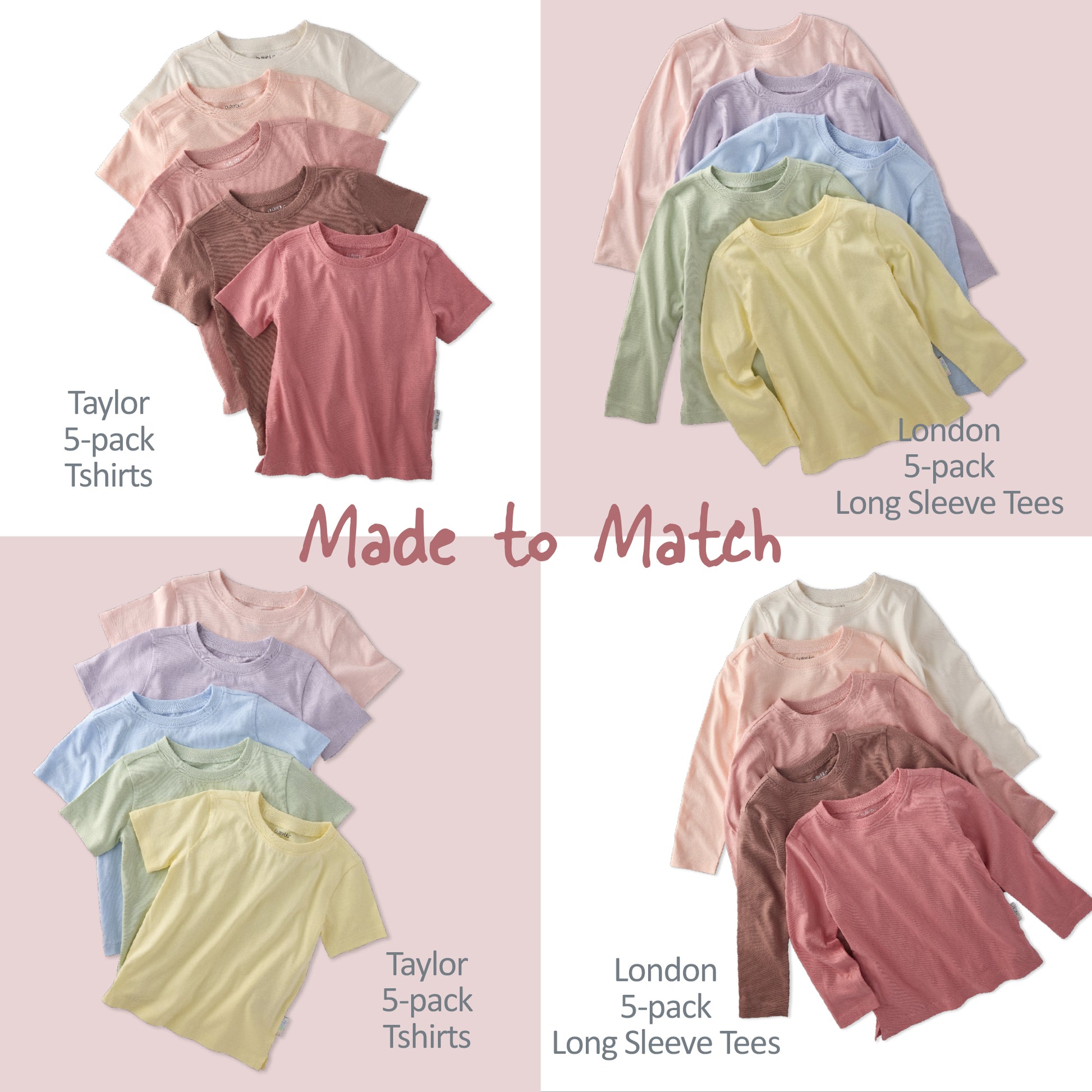 Set of children's clothing with 'Made to Match' text on a pink background