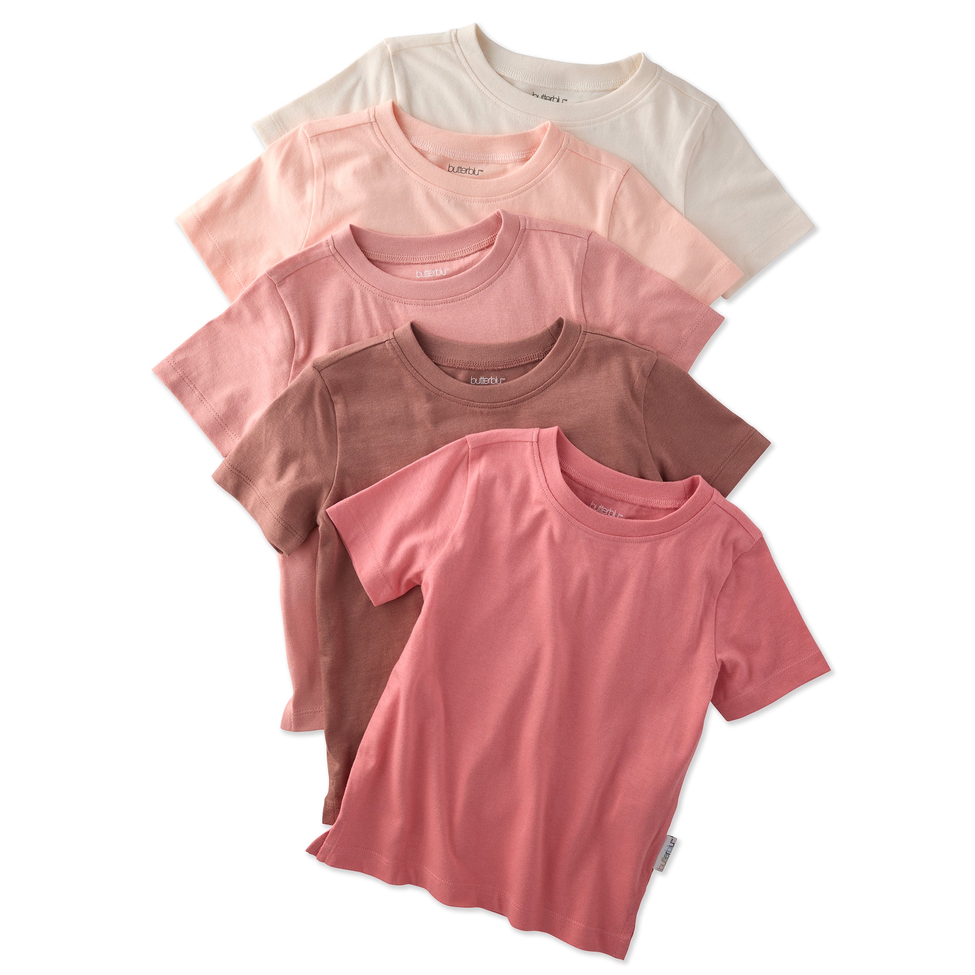 Set of five pink t-shirts in various shades on a white background
