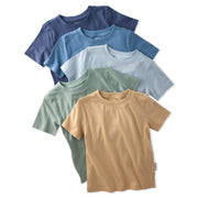 Five short-sleeve shirts in blue, green, and beige on a white background