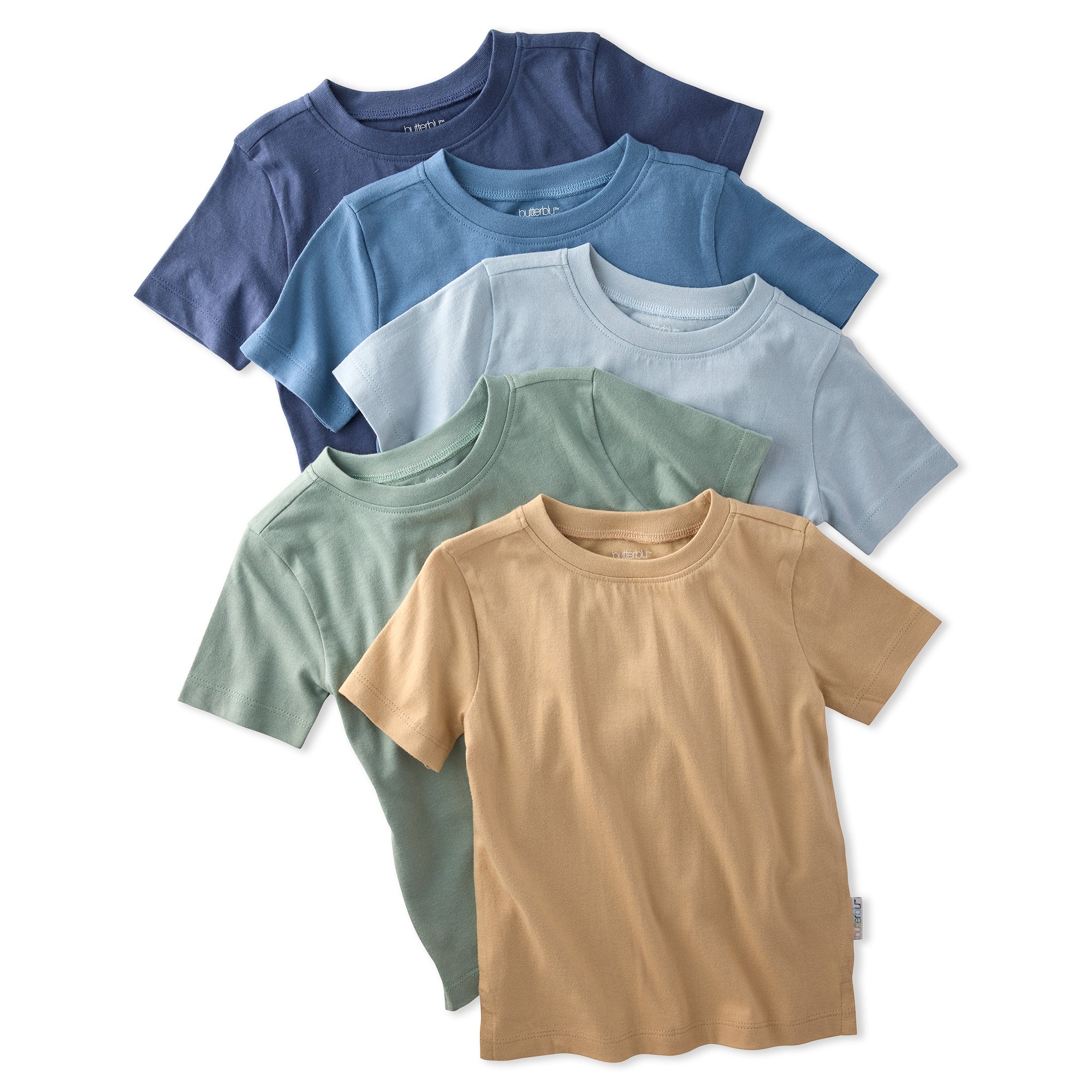 Five short-sleeve shirts in blue, green, and beige on a white background