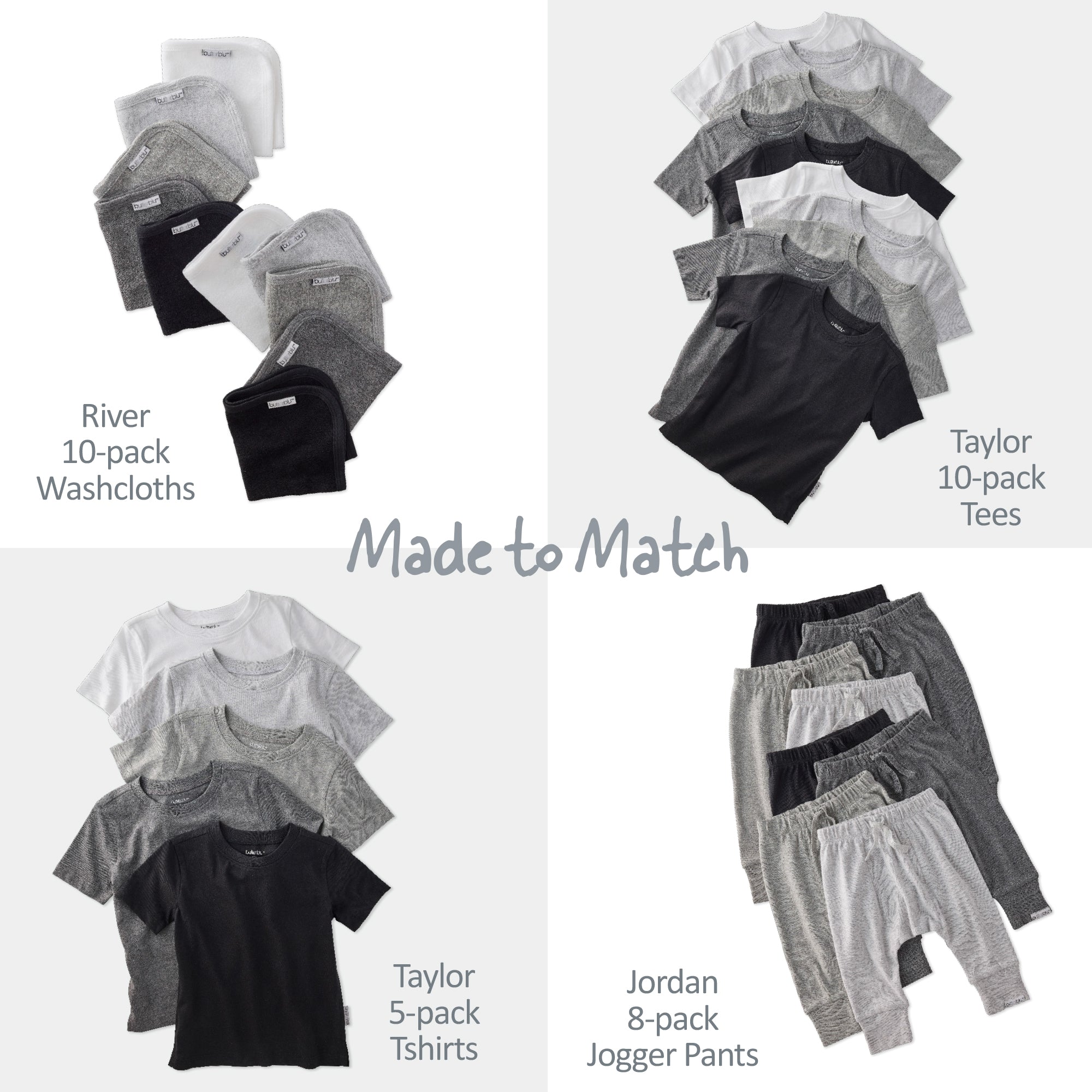 Collection of clothing items including washcloths, tees, t-shirts, and jogger pants arranged in a grid.
