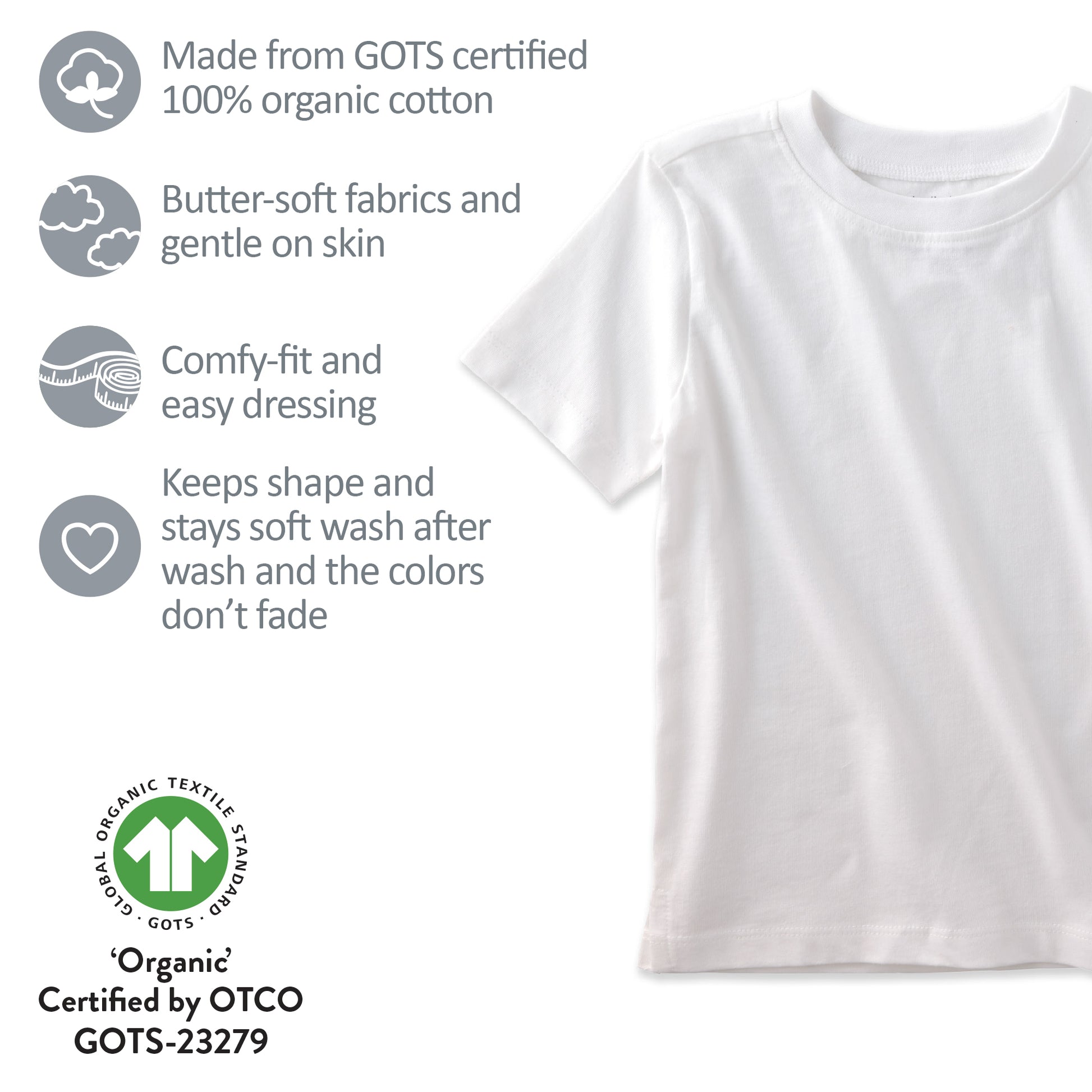White t-shirt with organic cotton certification details on a white background