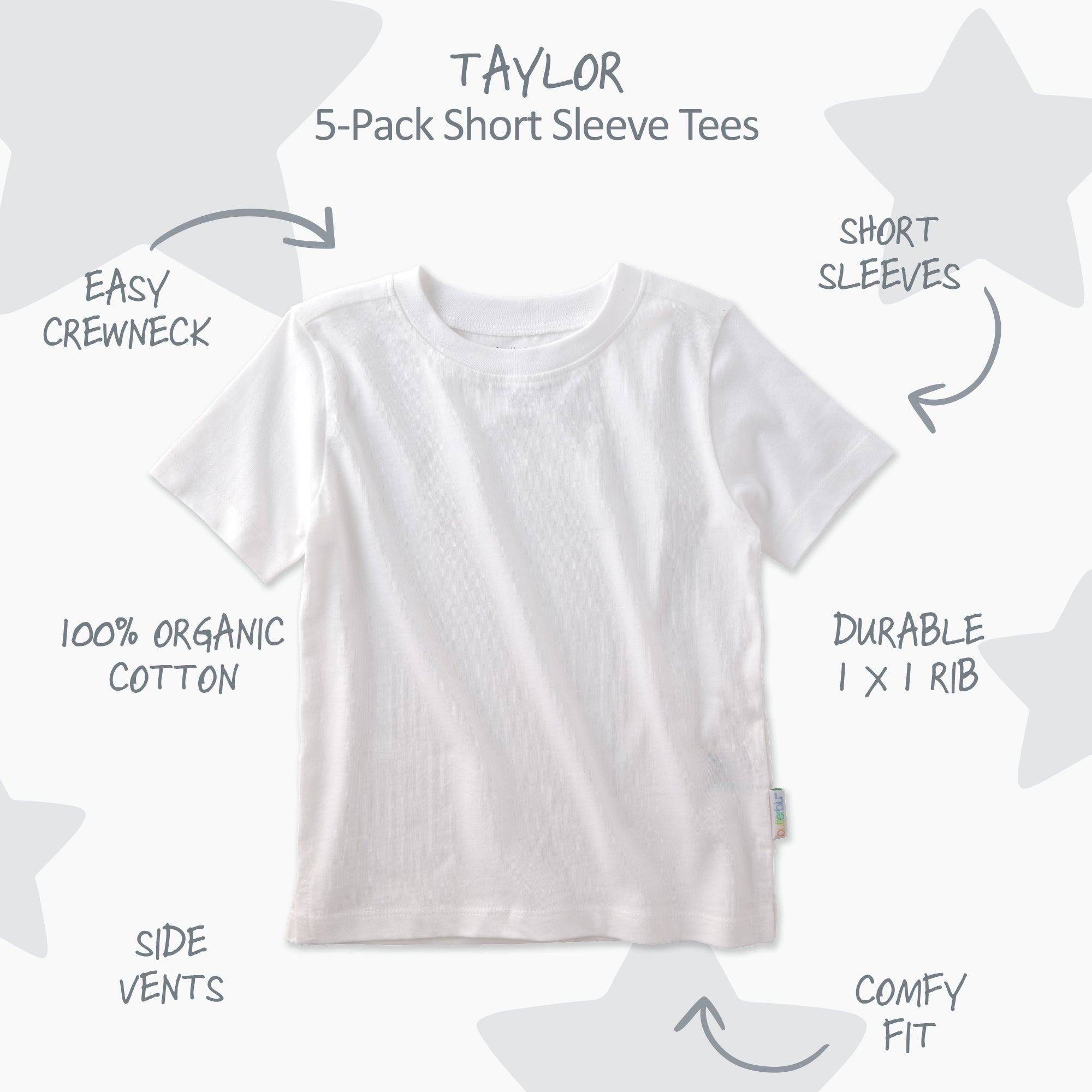 White t-shirt with features labeled on a white background