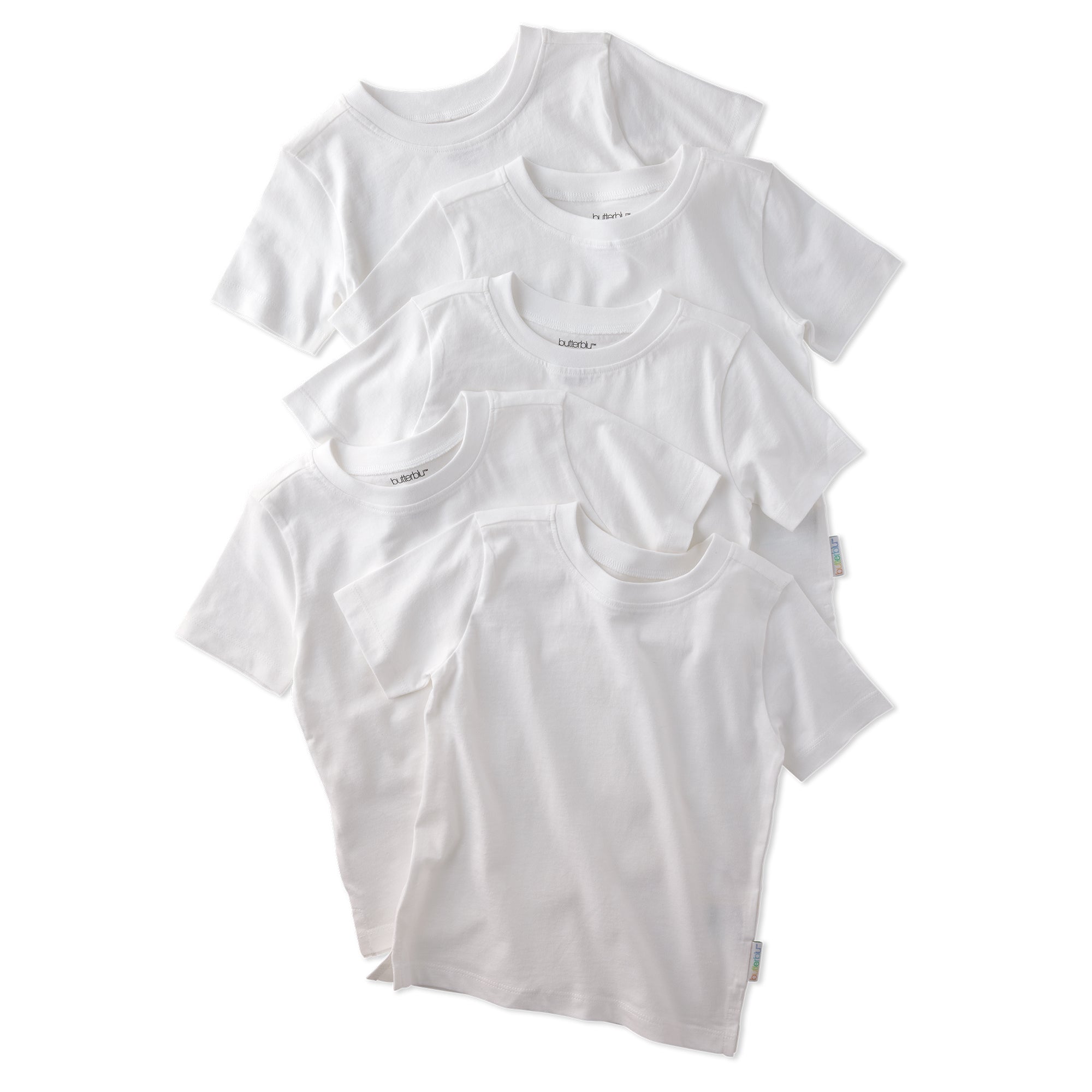 Set of five white t-shirts stacked on a white background