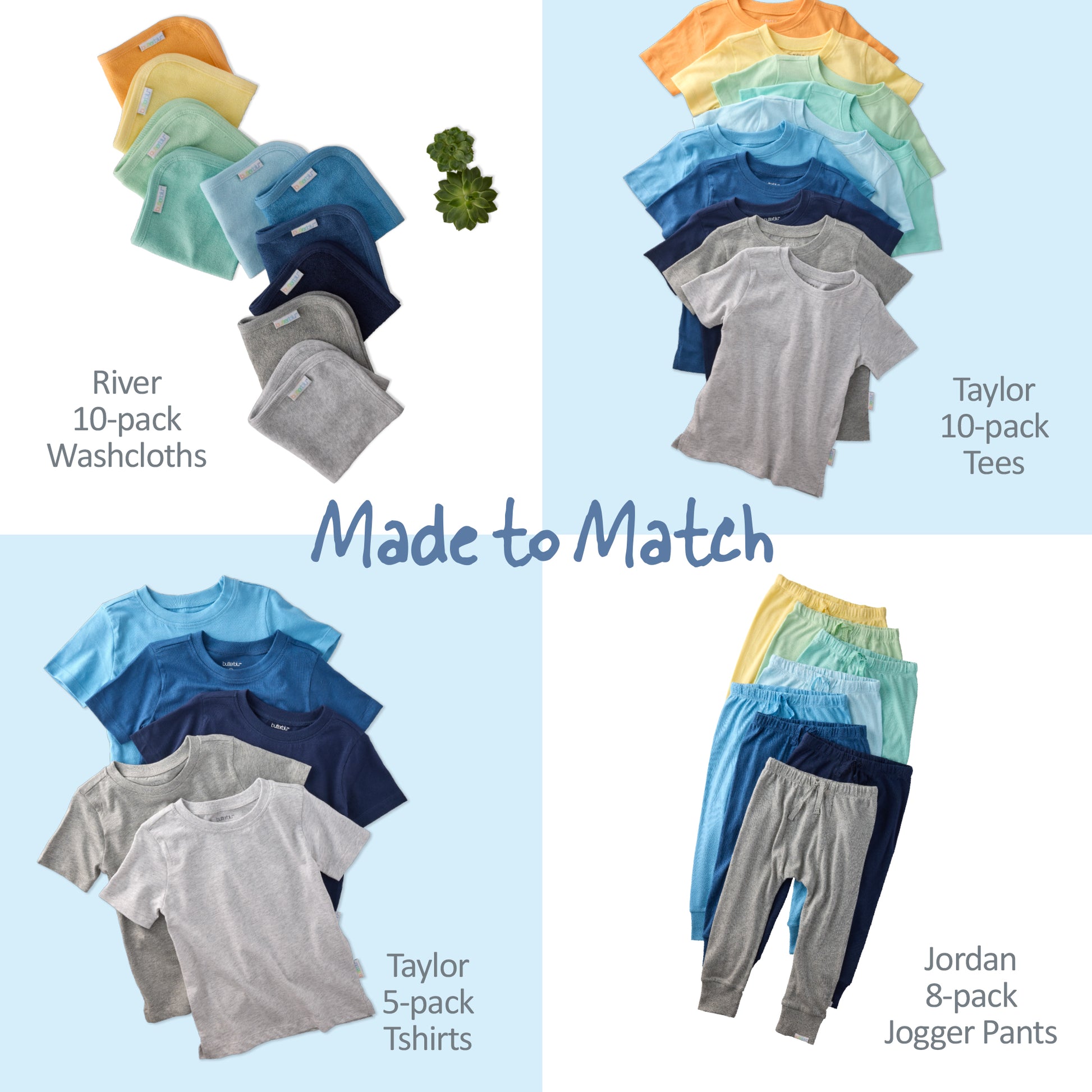 Collection of children's clothing including washcloths, tees, t-shirts, and jogger pants with text indicating matching sets.