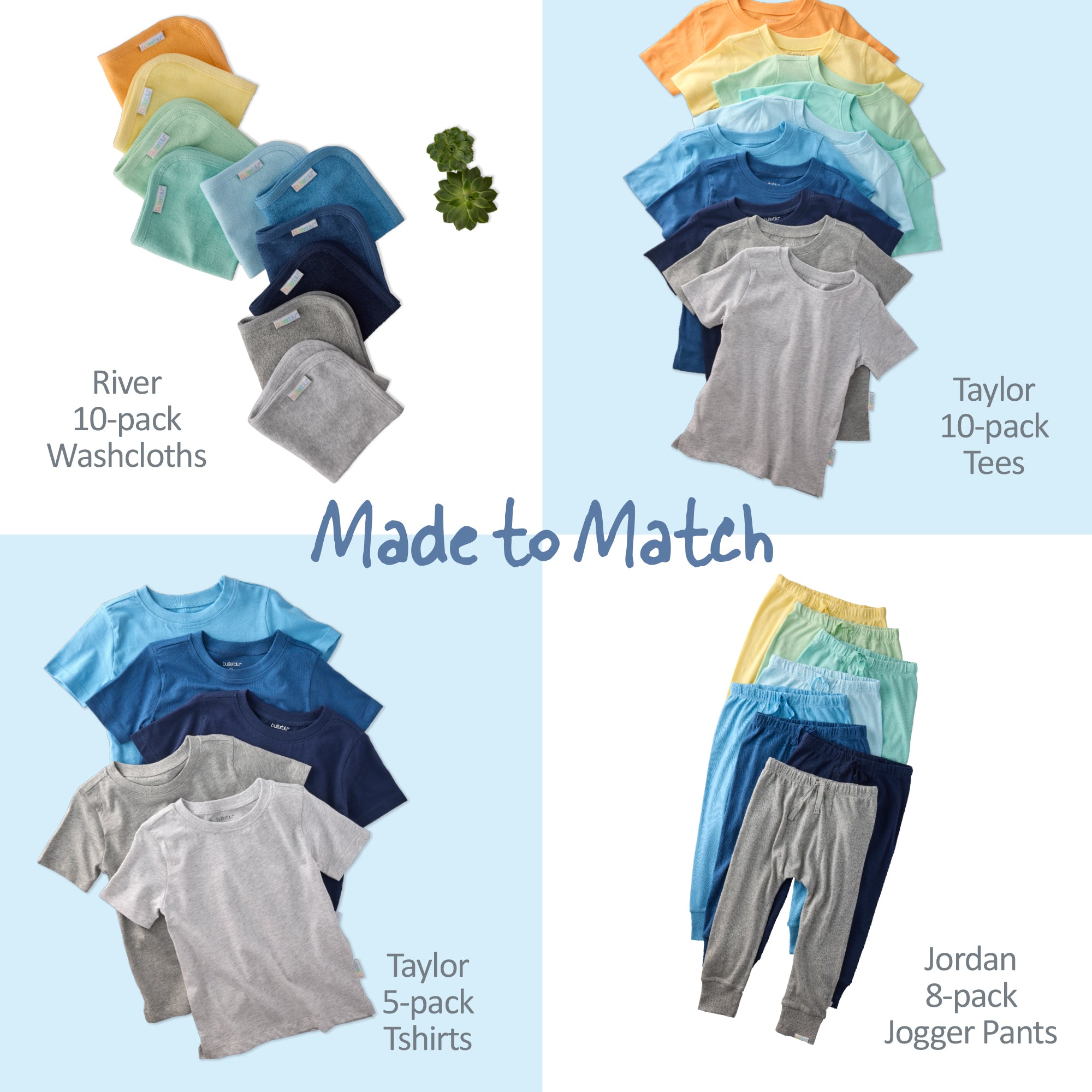 Collection of children's clothing including washcloths, tees, t-shirts, and jogger pants with text indicating matching sets.