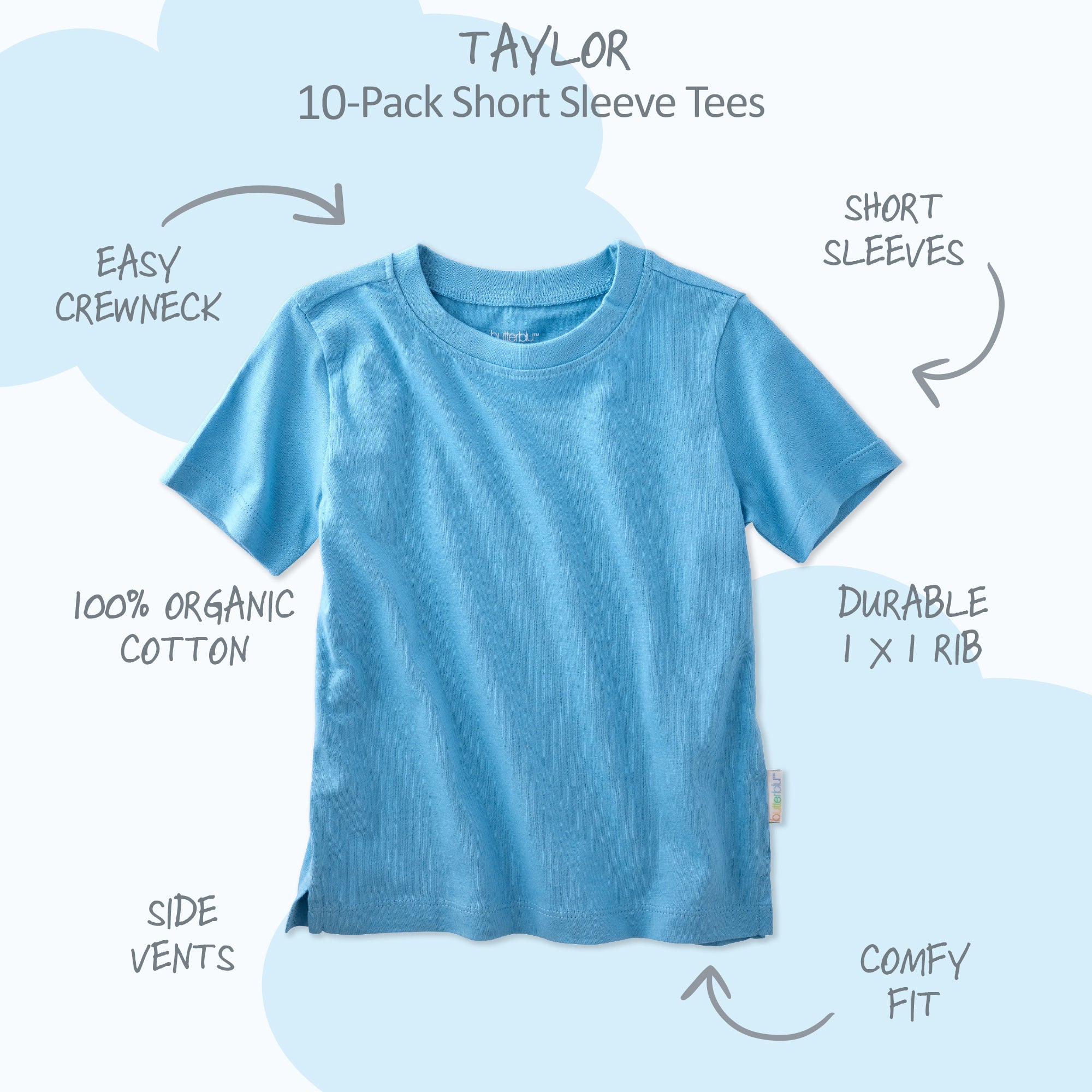 Blue t-shirt with features labeled on a light blue background