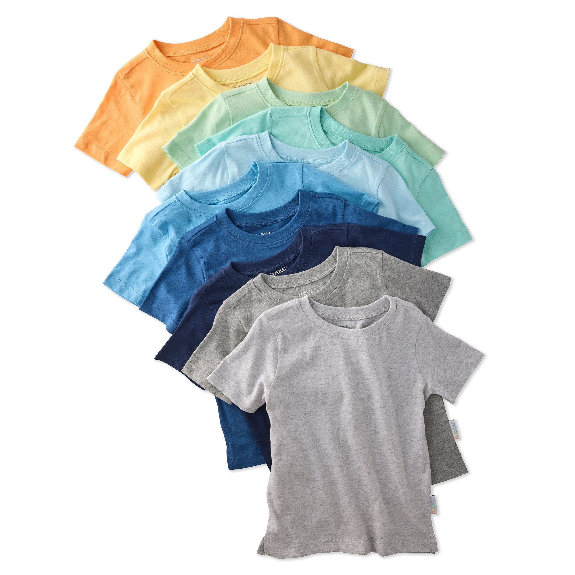 Stack of colorful t-shirts on a white background