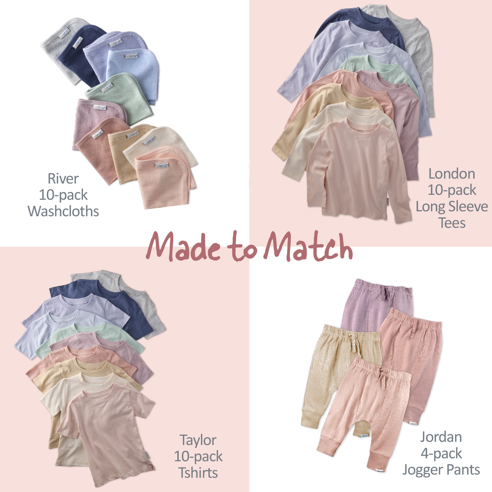 Collection of children's clothing including washcloths, long sleeve tees, t-shirts, and jogger pants on a pink background.