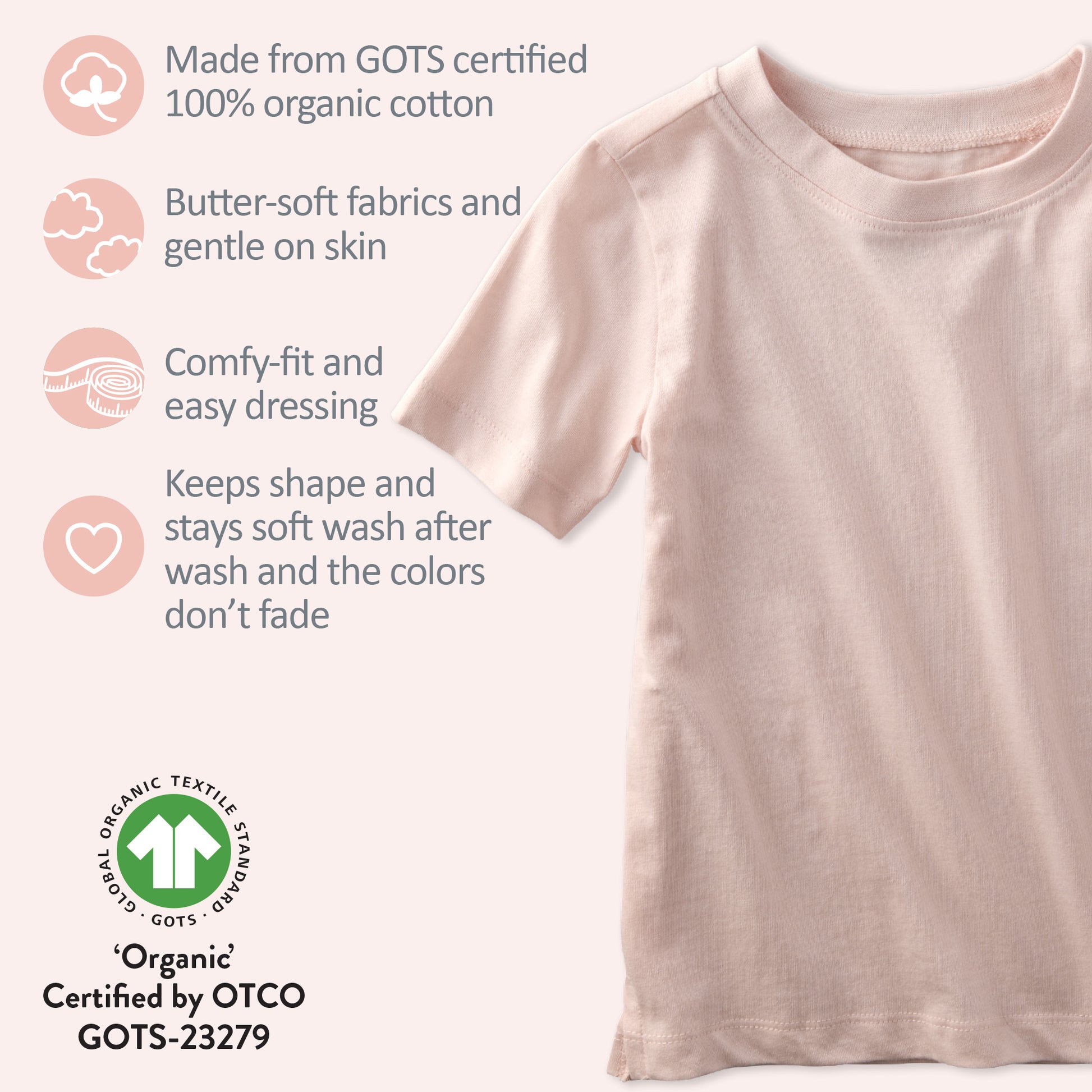 Pink t-shirt with organic cotton certification details on a light background