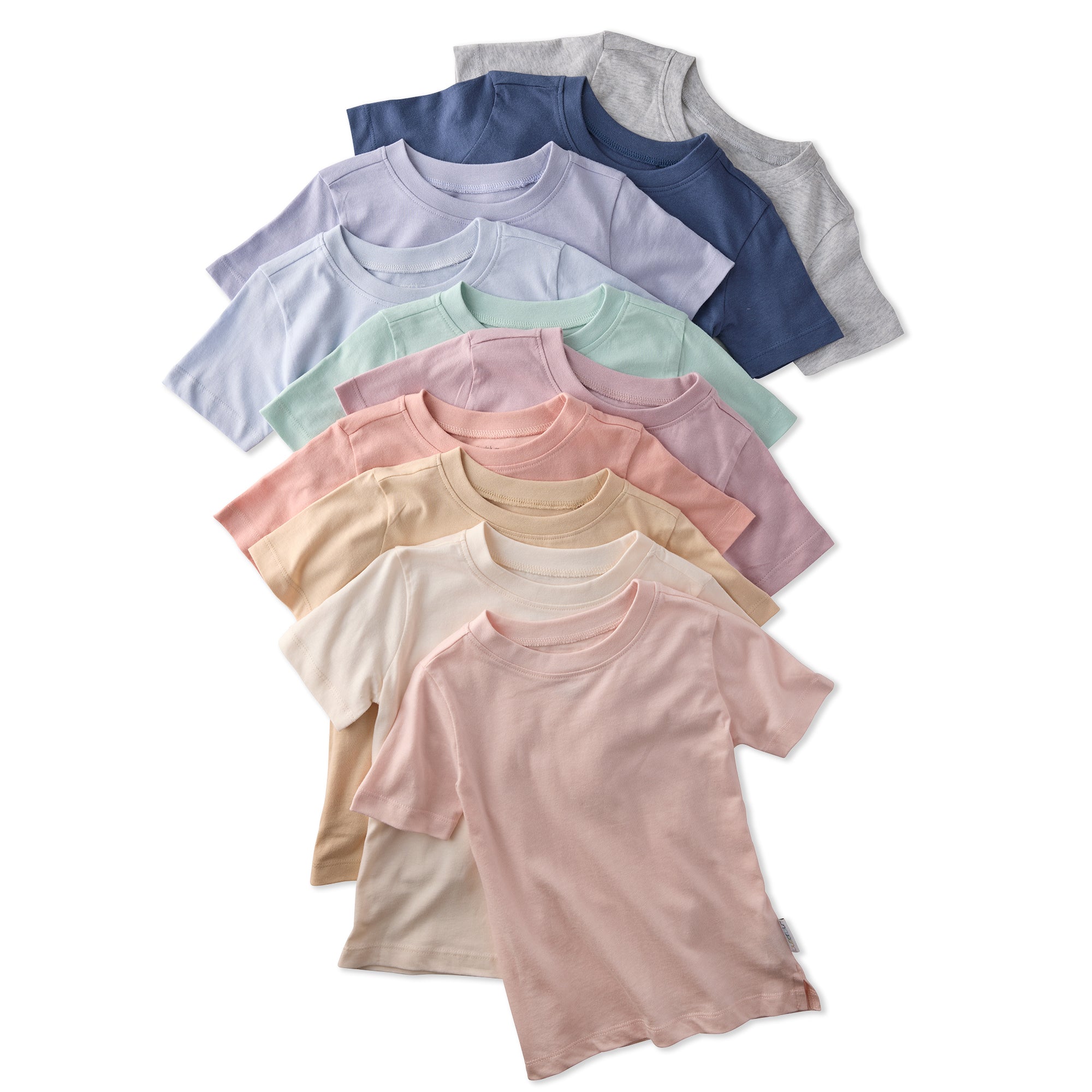 Stack of pastel-colored t-shirts on a white background