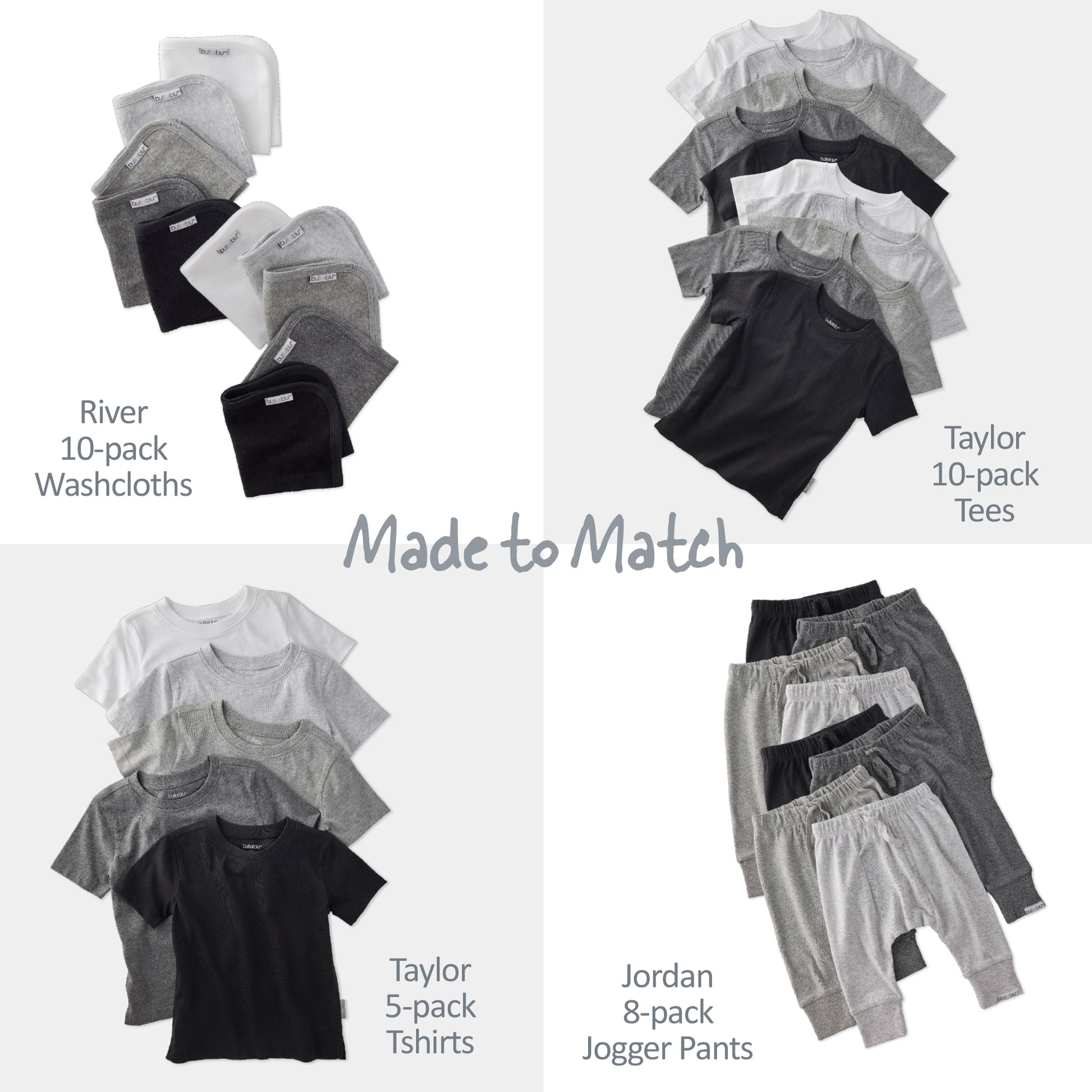 Collection of clothing items including washcloths, tees, t-shirts, and jogger pants arranged in a grid.