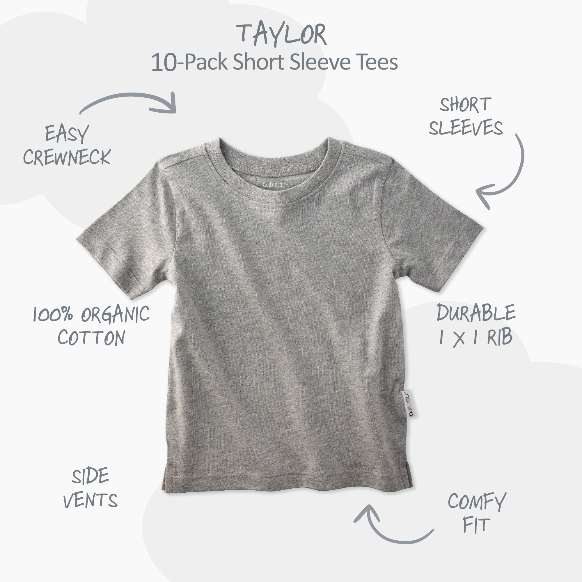 Gray t-shirt with features labeled on a white background