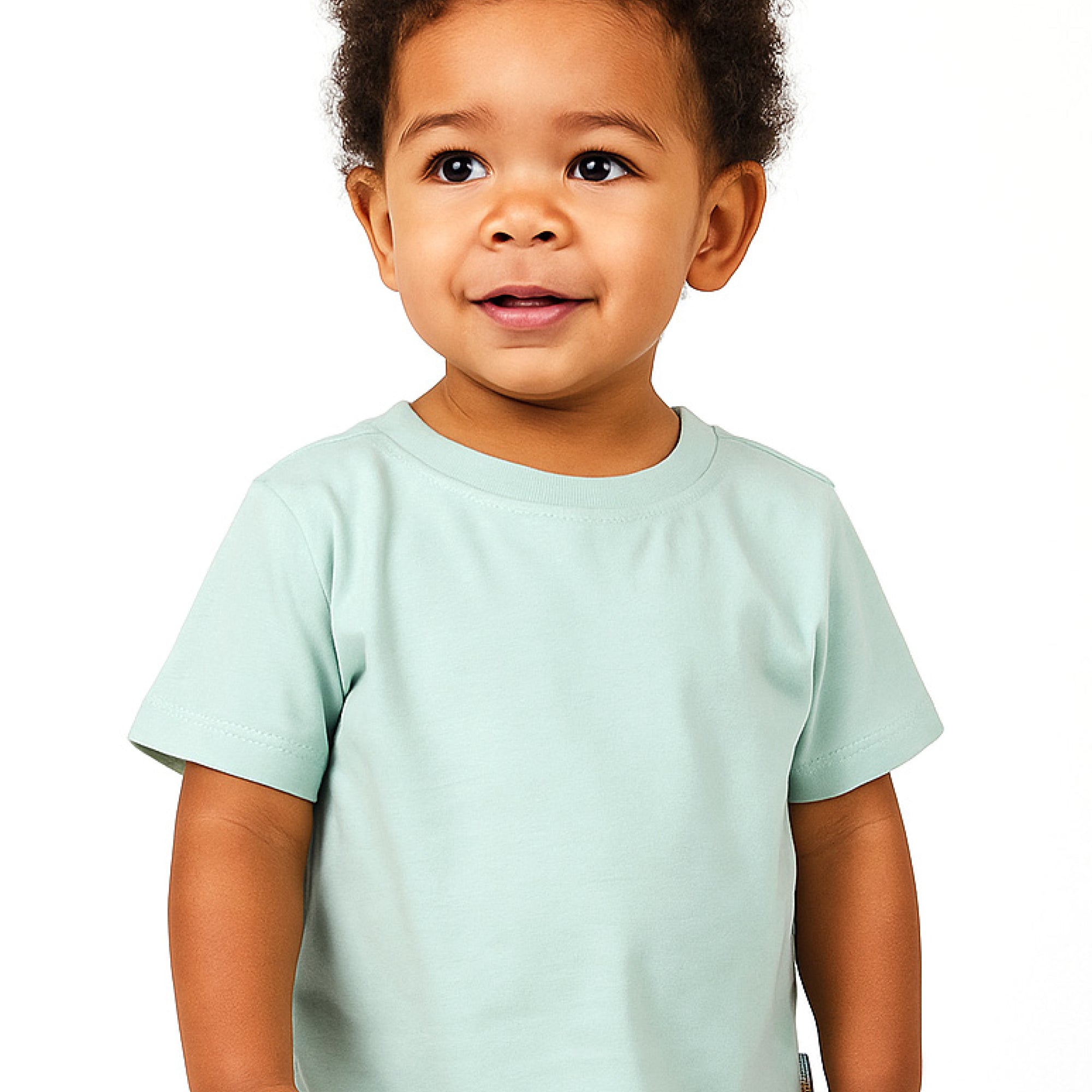Child wearing a light green t-shirt on a white background
