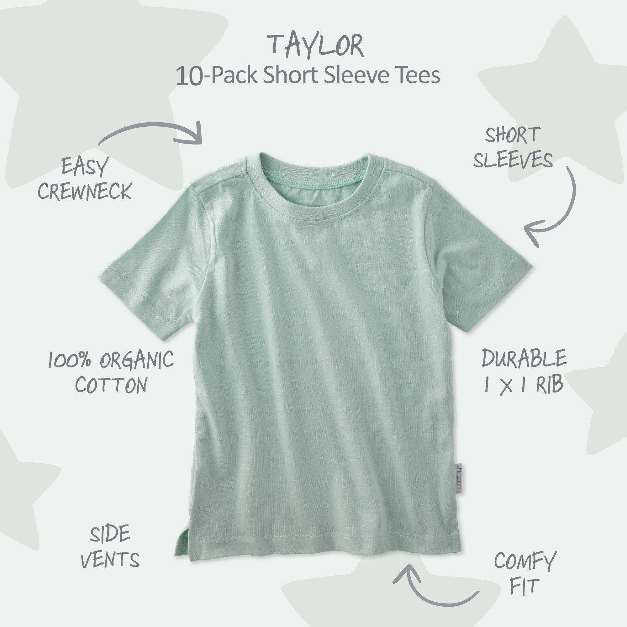 Light blue t-shirt with features labeled on a white background