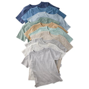 Stack of plain t-shirts in various colors on a white background