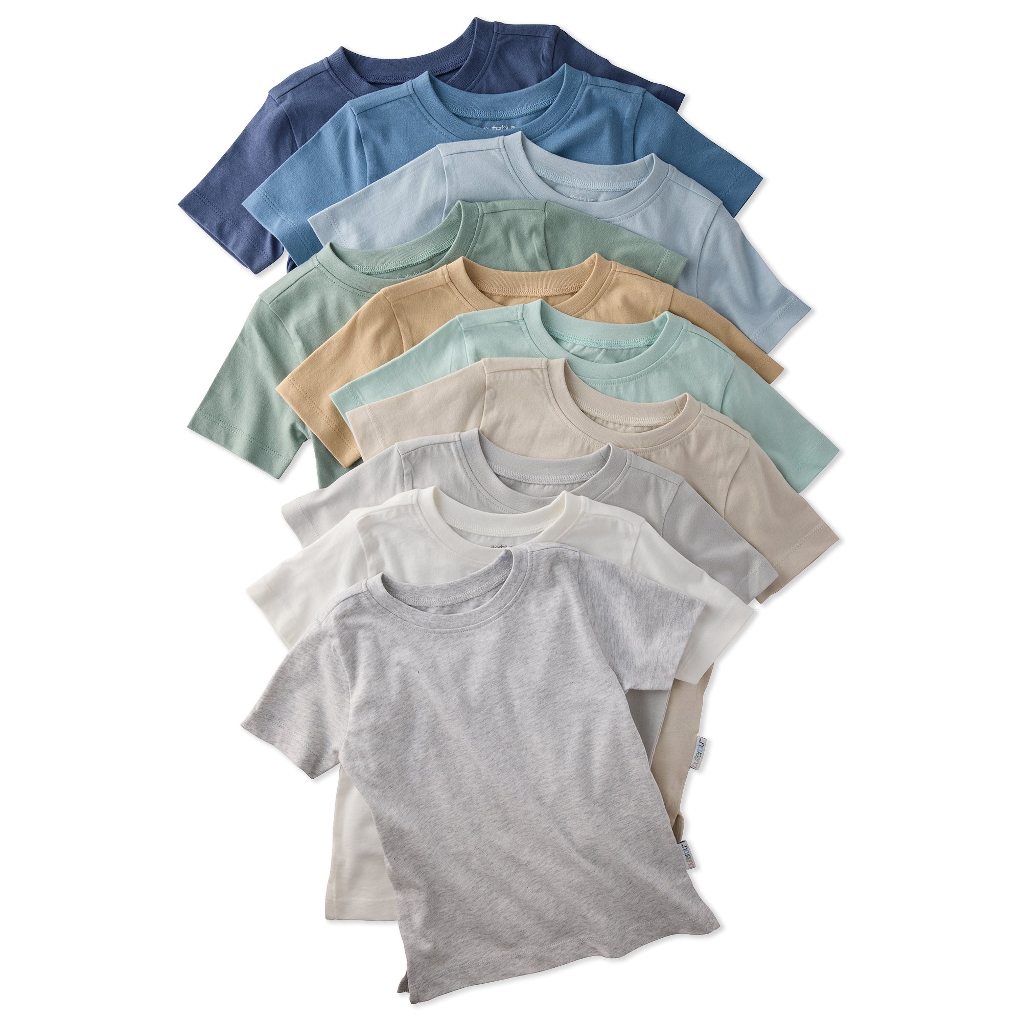 Stack of plain t-shirts in various colors on a white background