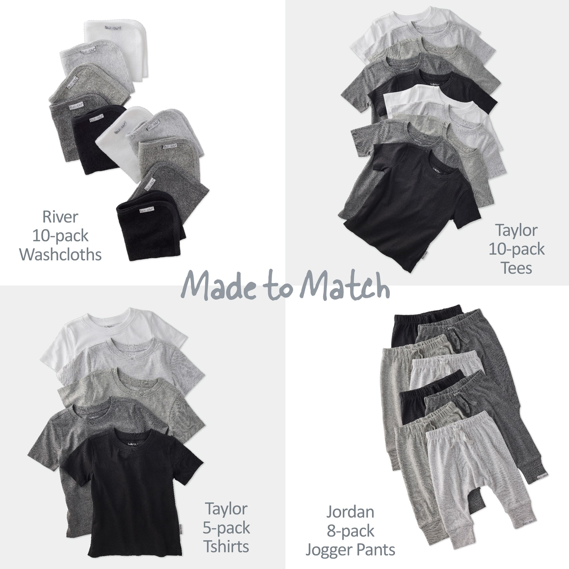 Collection of clothing items including washcloths, tees, t-shirts, and jogger pants arranged in a grid.