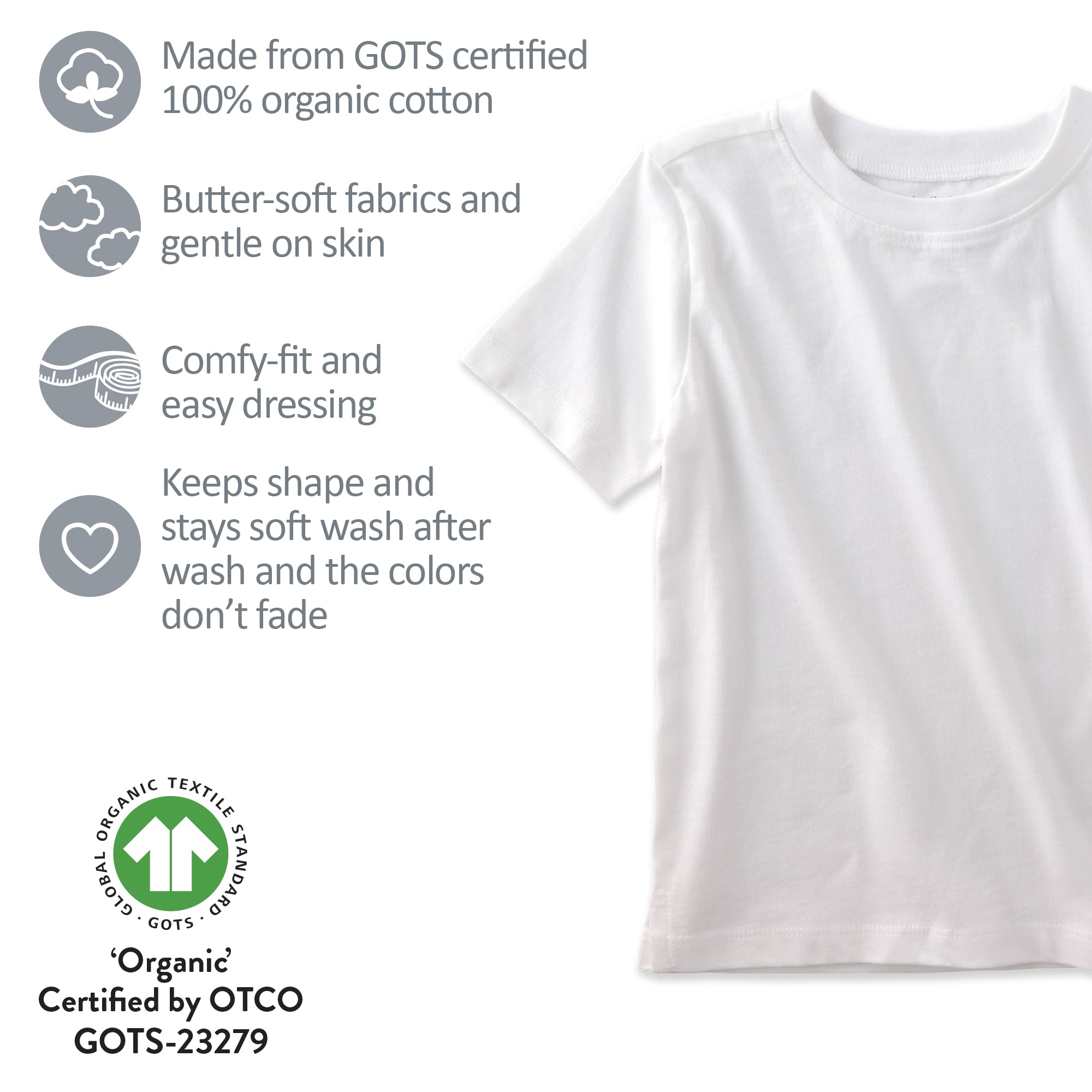 White t-shirt with organic cotton certification details on a white background