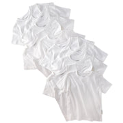 Set of six white t-shirts stacked on a white background