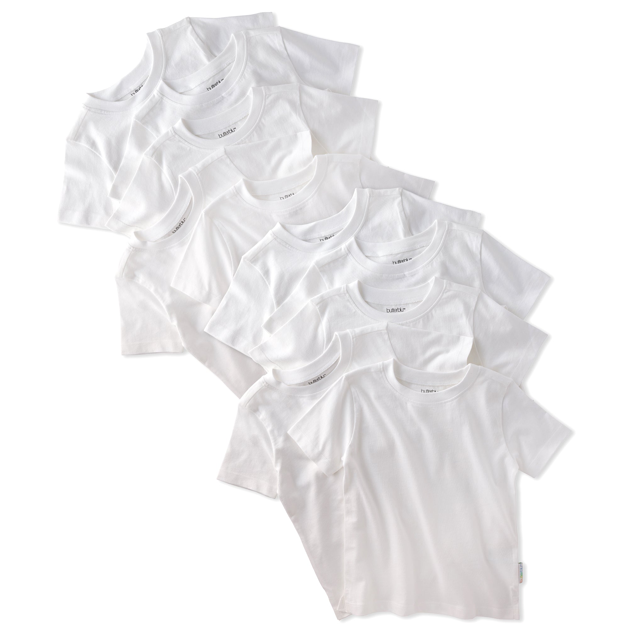 Set of six white t-shirts stacked on a white background