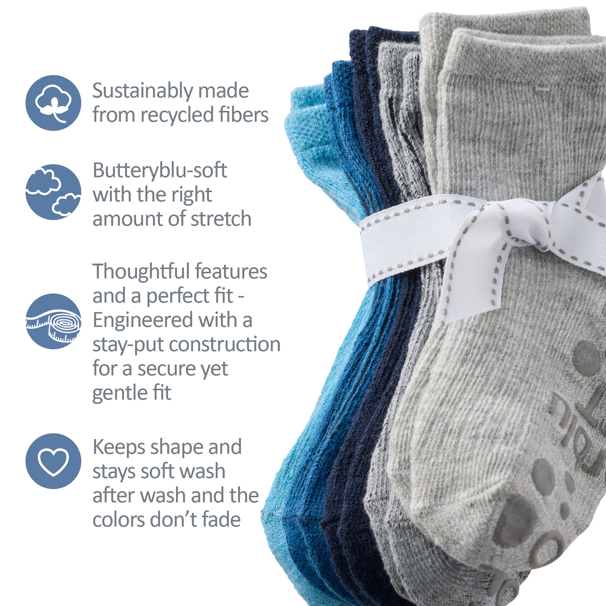 Zuri Socks tied with a bow, next to GOTS product certificates