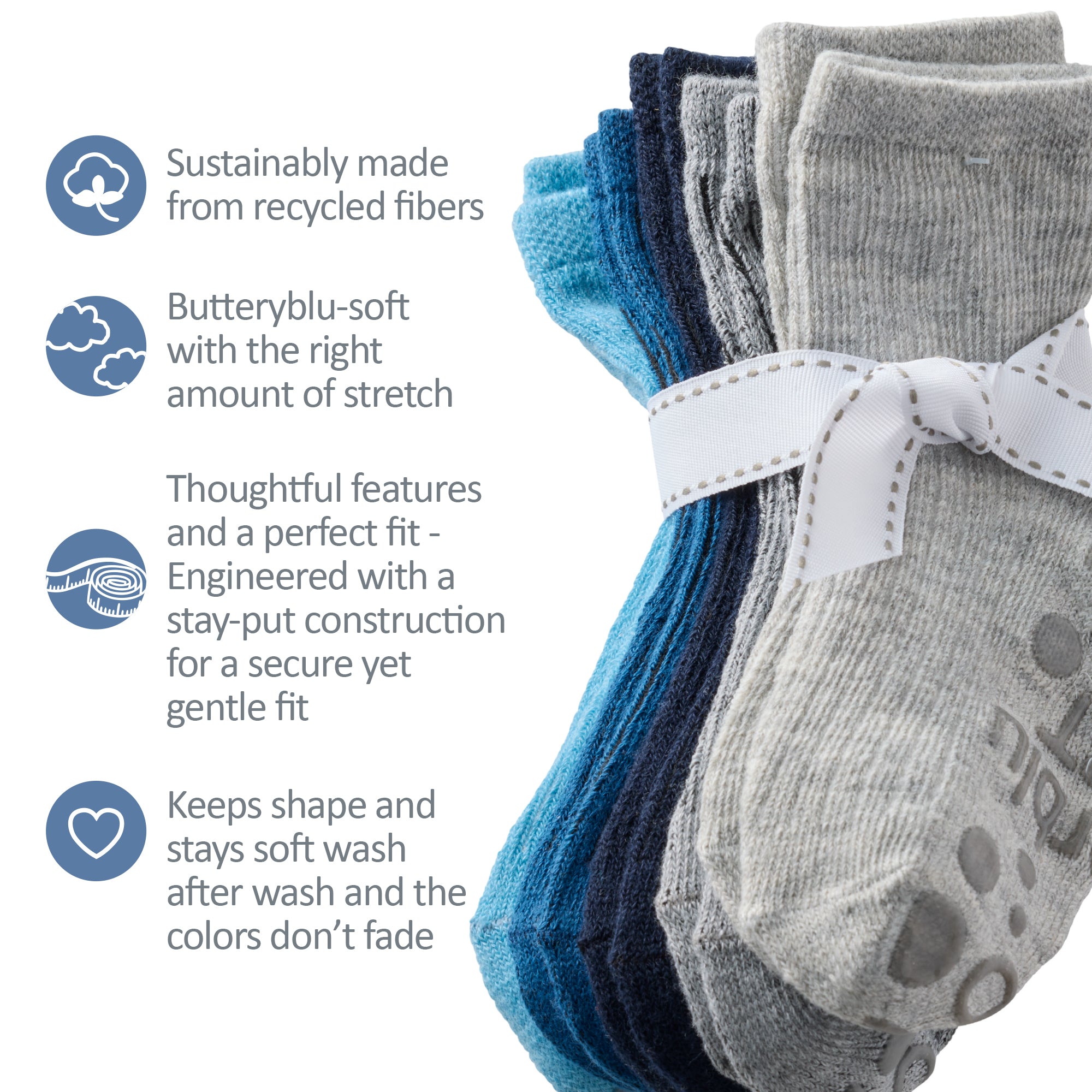 Zuri Socks tied with a bow, next to GOTS product certificates