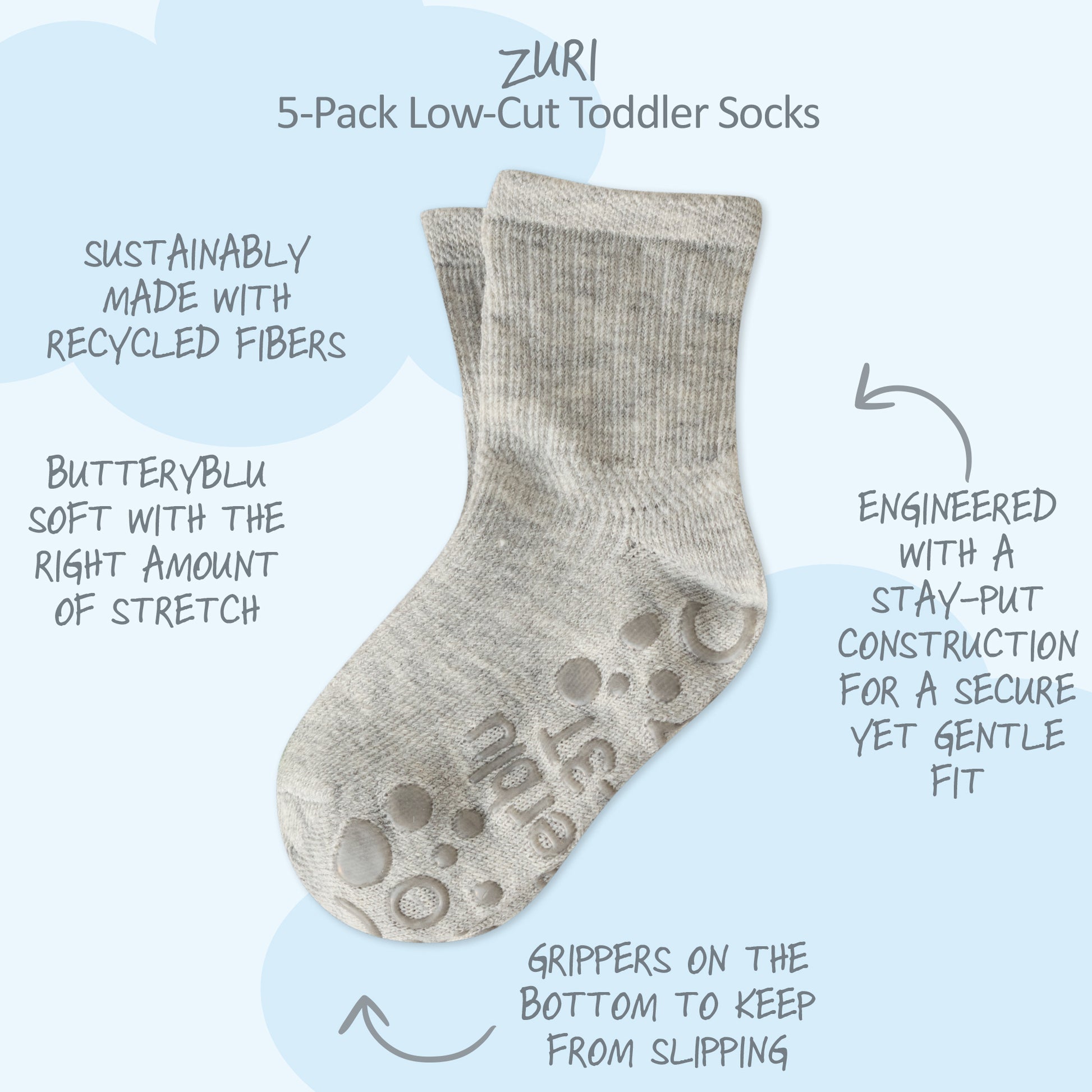 Zuri Sock surrounded by product descriptions