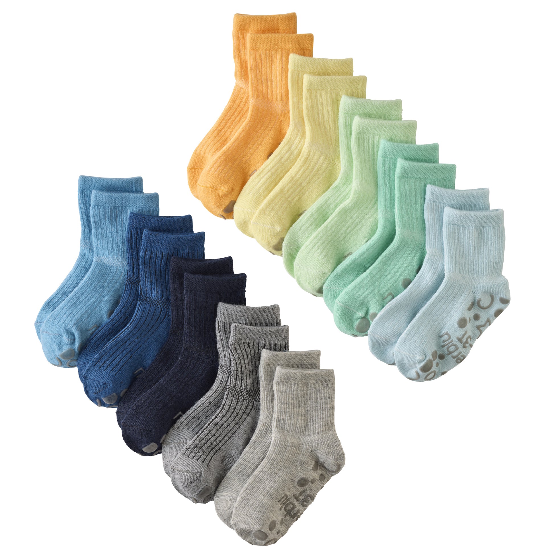 Layout of Zuri Sock 5 pack in Sunny Blue Rainbow on a white background
