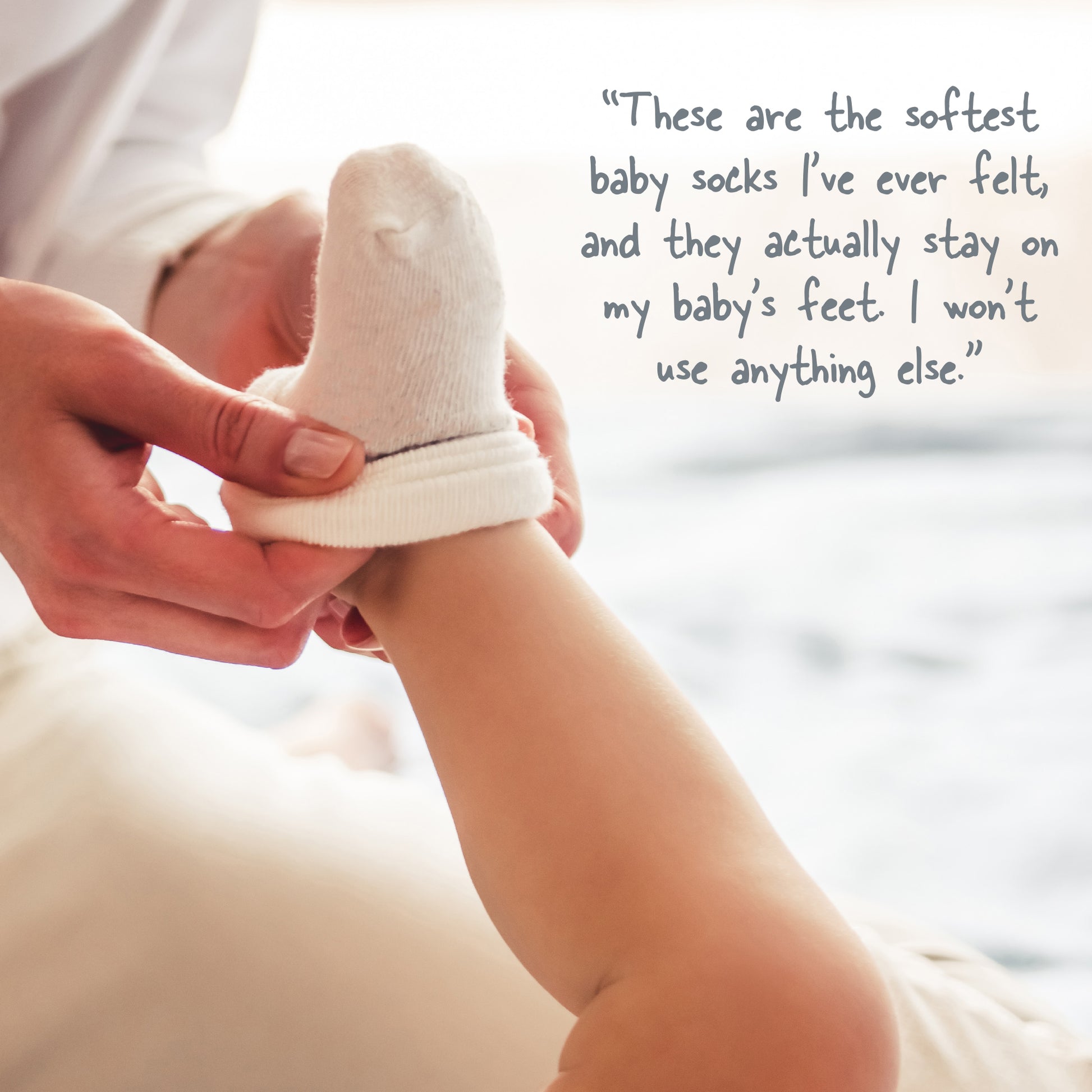 Zuri Sock customer review written next to baby wearing sock. 