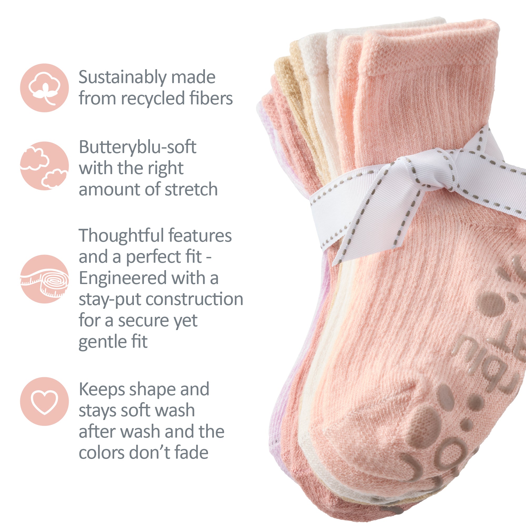 Zuri Socks tied with a bow, next to GOTS product certificates
