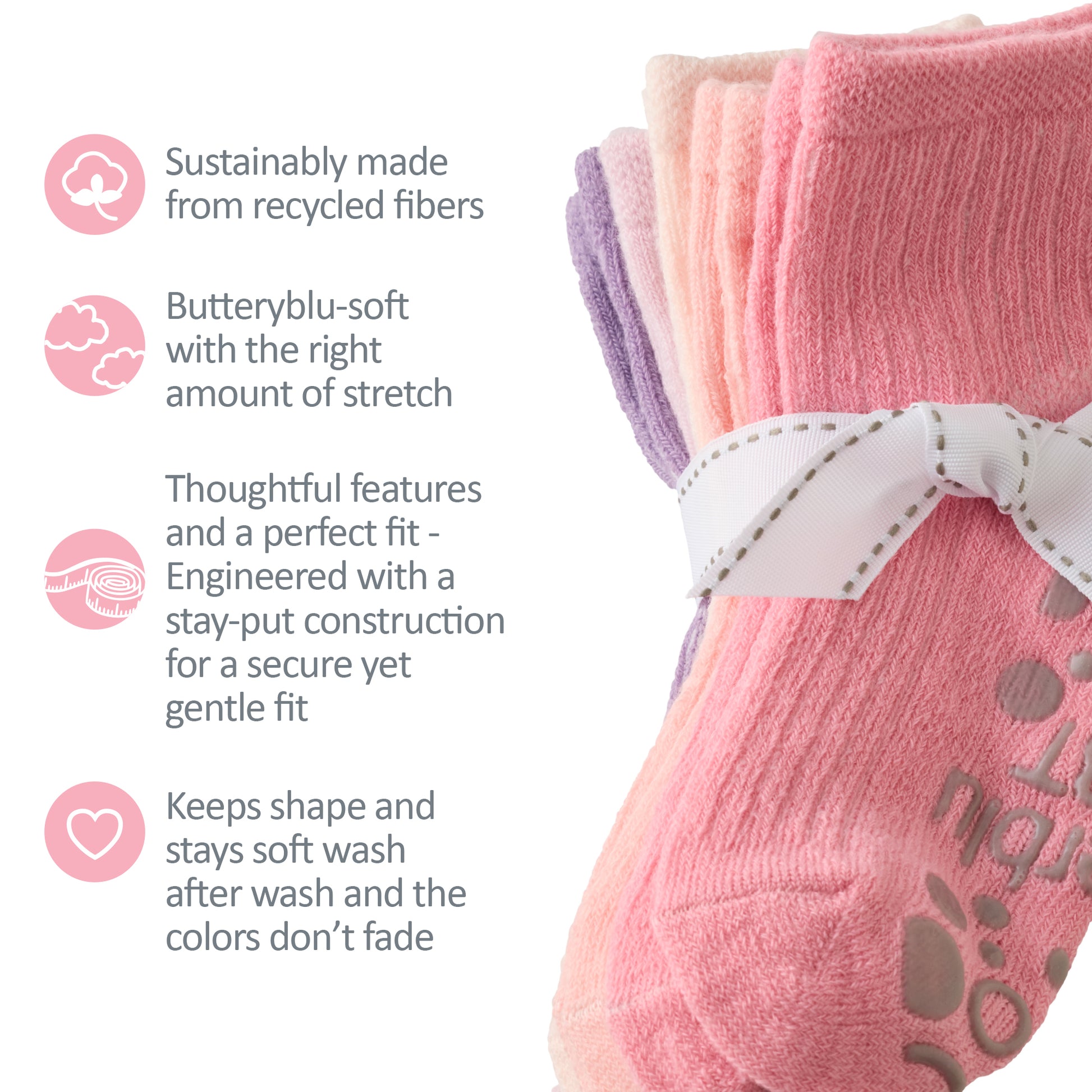 Zuri Socks tied with a bow, next to GOTS product certificates