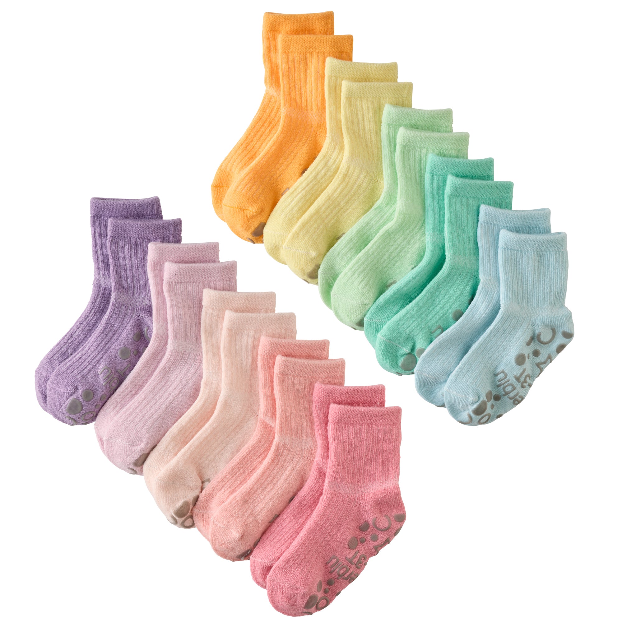 Layout of Zuri Sock 10 pack in Sunny Pink Rainbow on a white background