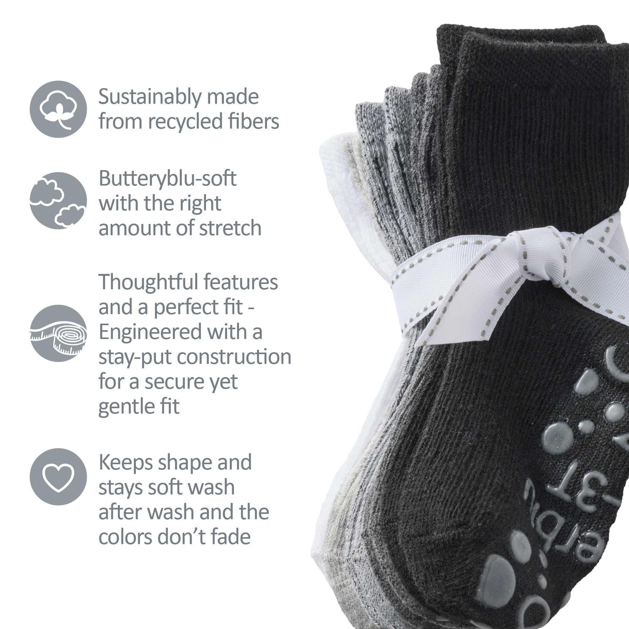 Zuri Socks tied with a bow, next to GOTS product certificates
