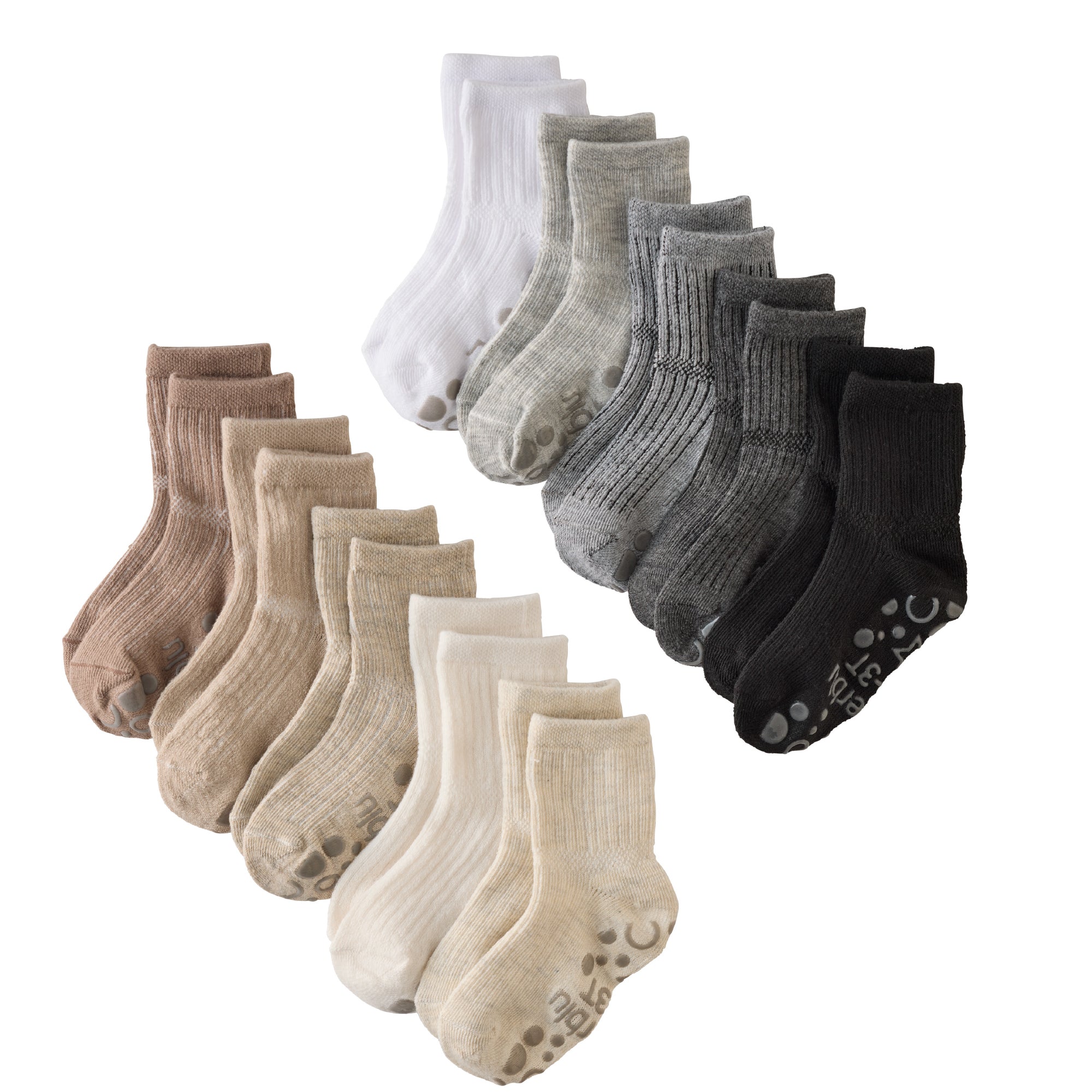 Layout of Zuri Sock 10 pack in Stone Natural Rainbow on a white background
