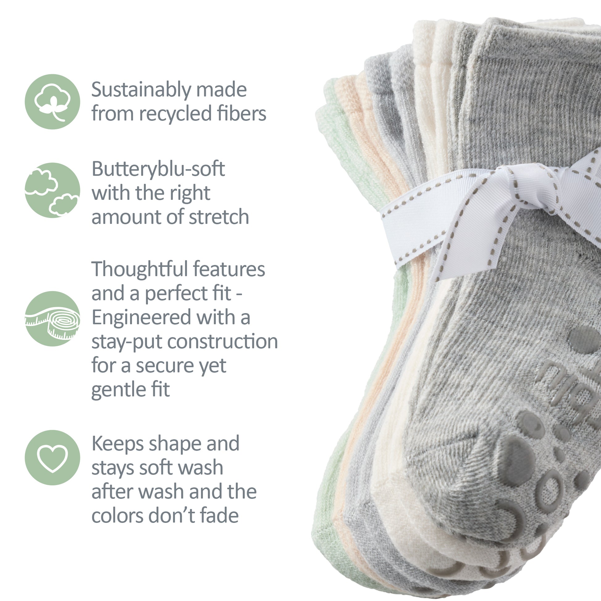 Zuri Socks tied with a bow, next to GOTS product certificates