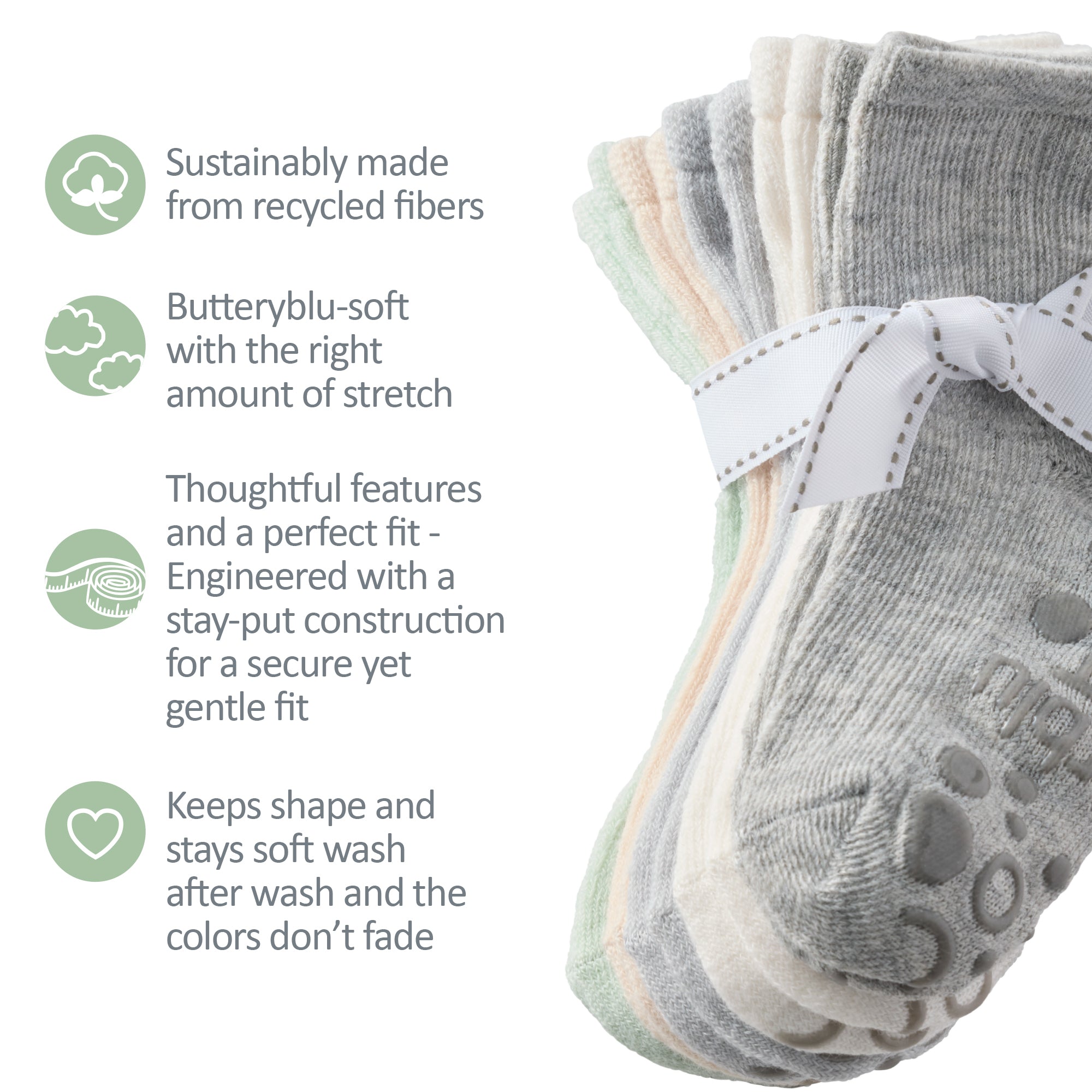 Zuri Socks tied with a bow, next to GOTS product certificates