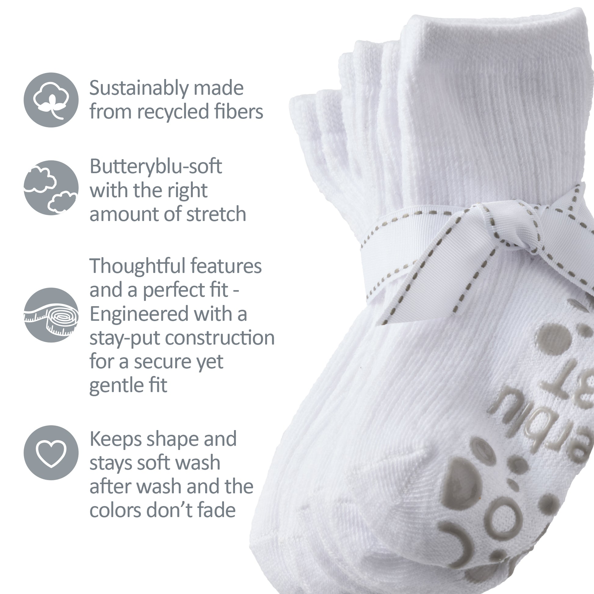 Zuri Socks tied with a bow, next to GOTS product certificates