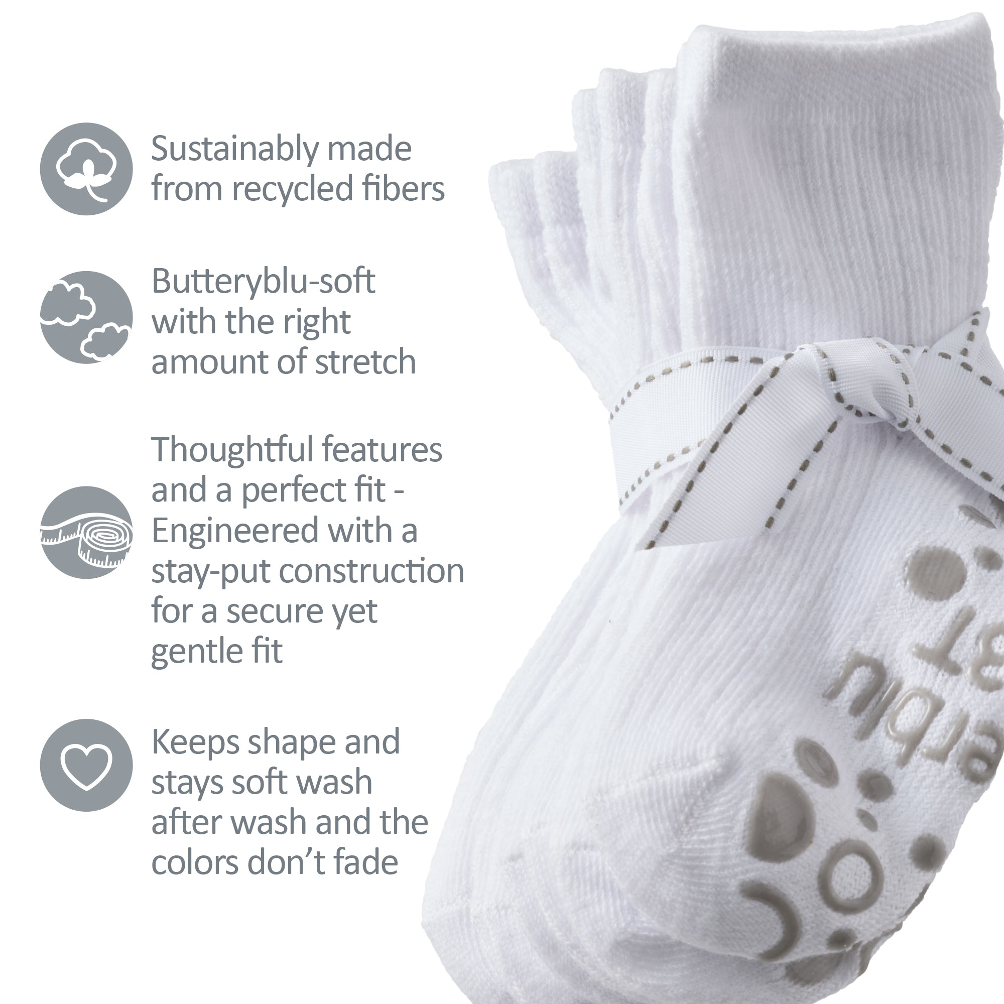 Zuri Socks tied with a bow, next to GOTS product certificates