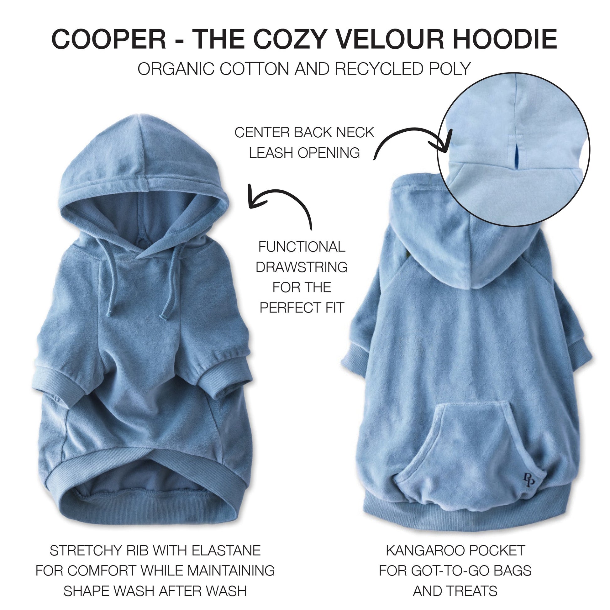 Pet Passion Cooper II cozy velour dog hoodie in Faded Denim — soft organic cotton velour sweatshirt for small to large dogs