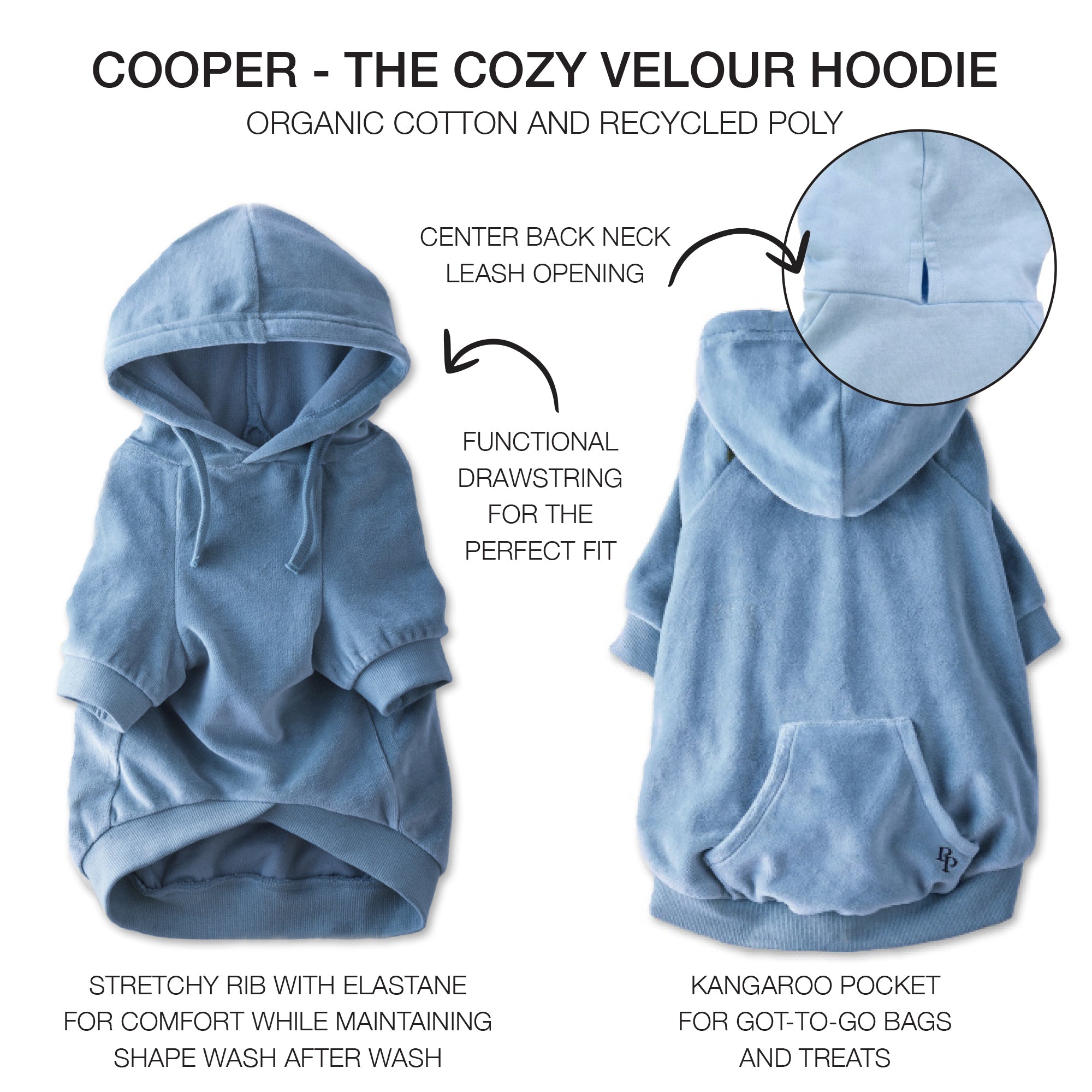 Pet Passion Cooper II cozy velour dog hoodie in Faded Denim — soft organic cotton velour sweatshirt for small to large dogs