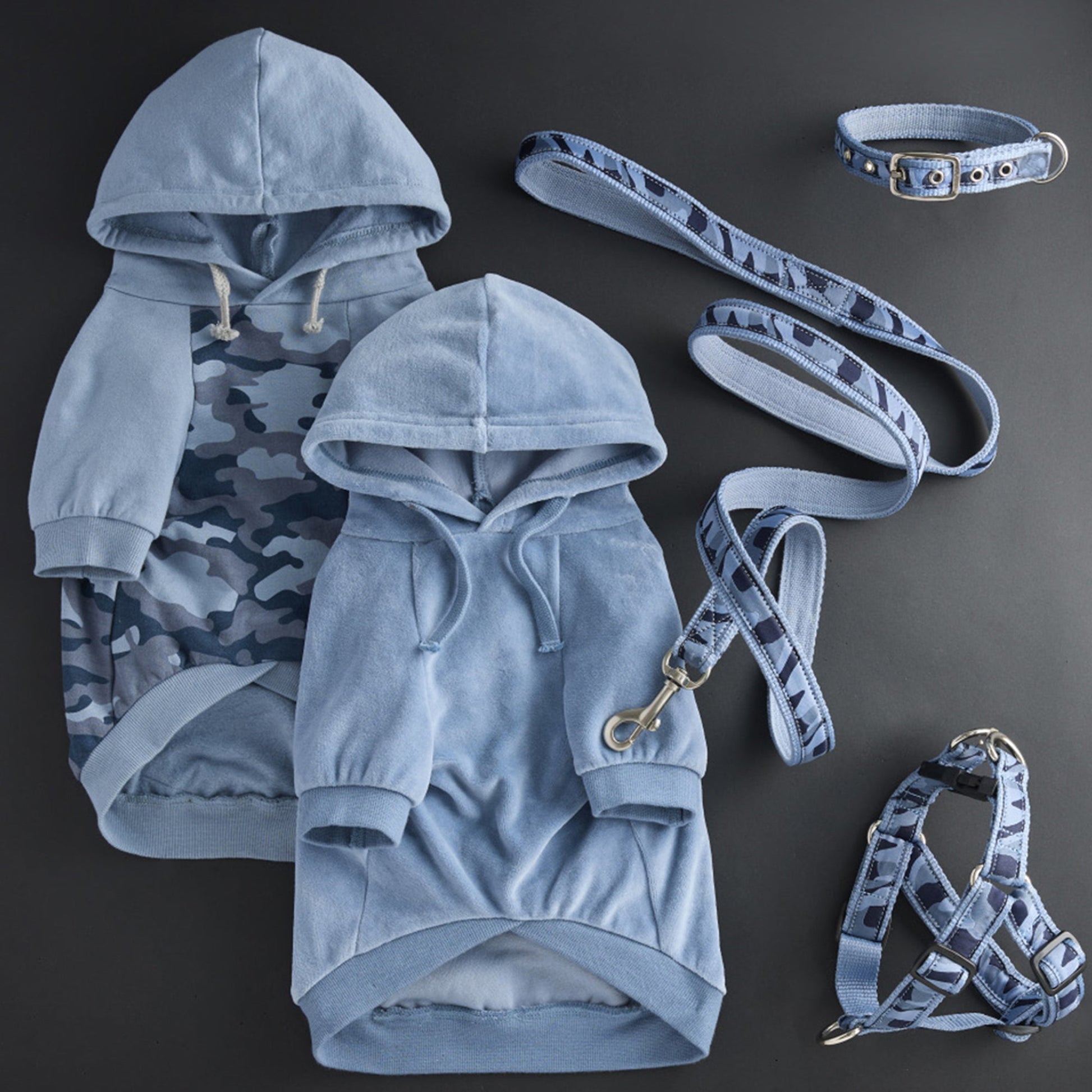 Pet Passion Cooper II cozy velour dog hoodie in Faded Denim — soft organic cotton velour sweatshirt for small to large dogs