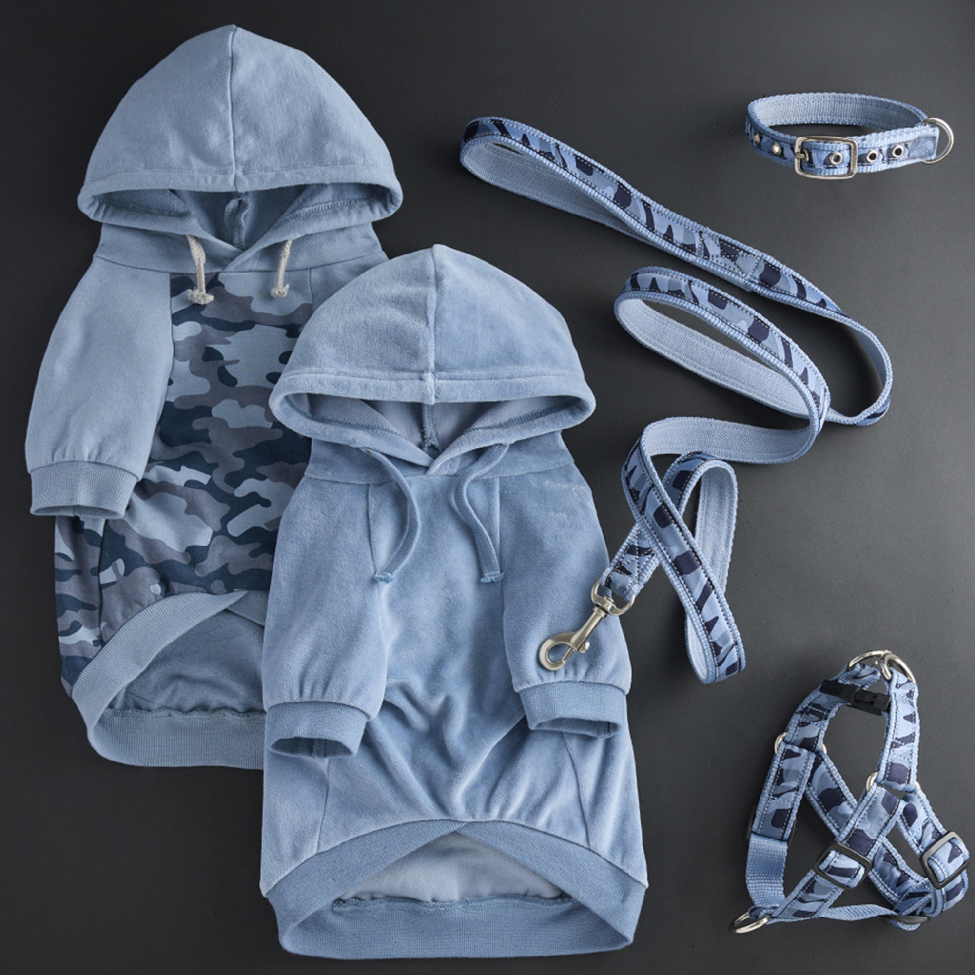 Pet Passion Cooper II cozy velour dog hoodie in Faded Denim — soft organic cotton velour sweatshirt for small to large dogs