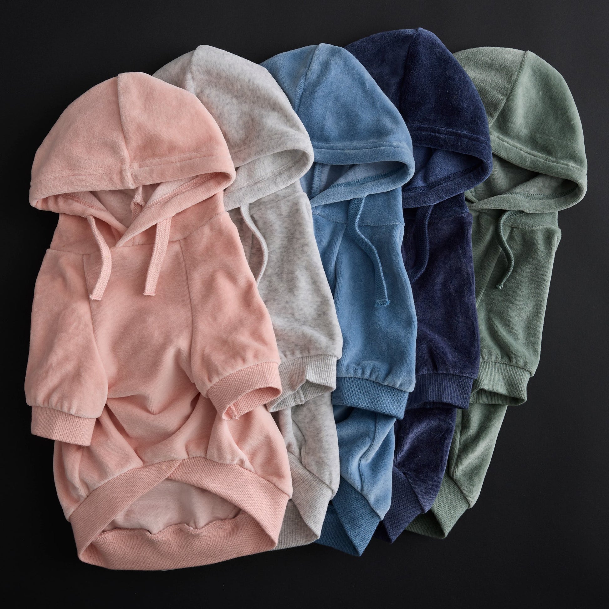 Pet Passion Cooper II cozy velour dog hoodie in Faded Denim — soft organic cotton velour sweatshirt for small to large dogs