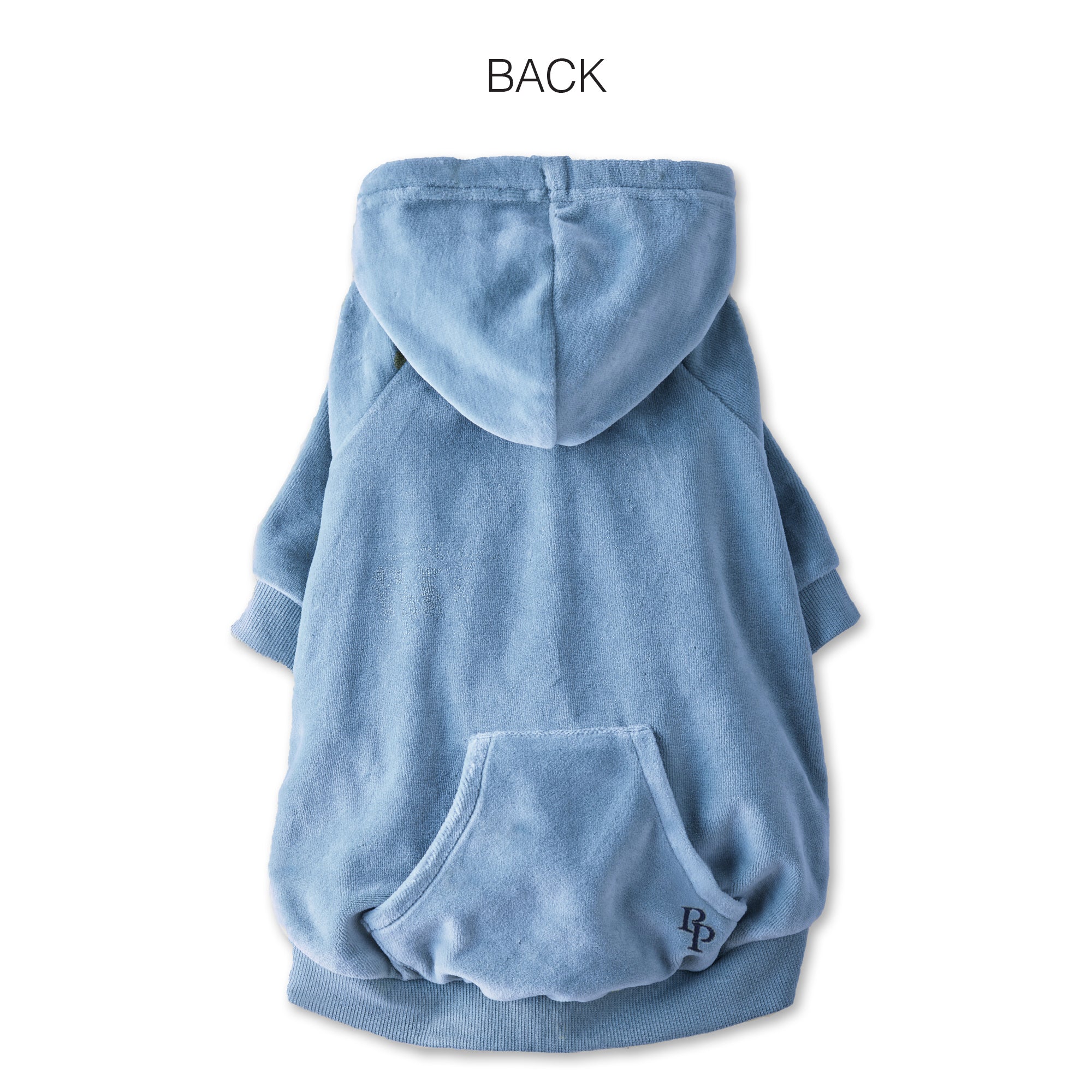 Pet Passion Cooper II cozy velour dog hoodie in Faded Denim — soft organic cotton velour sweatshirt for small to large dogs