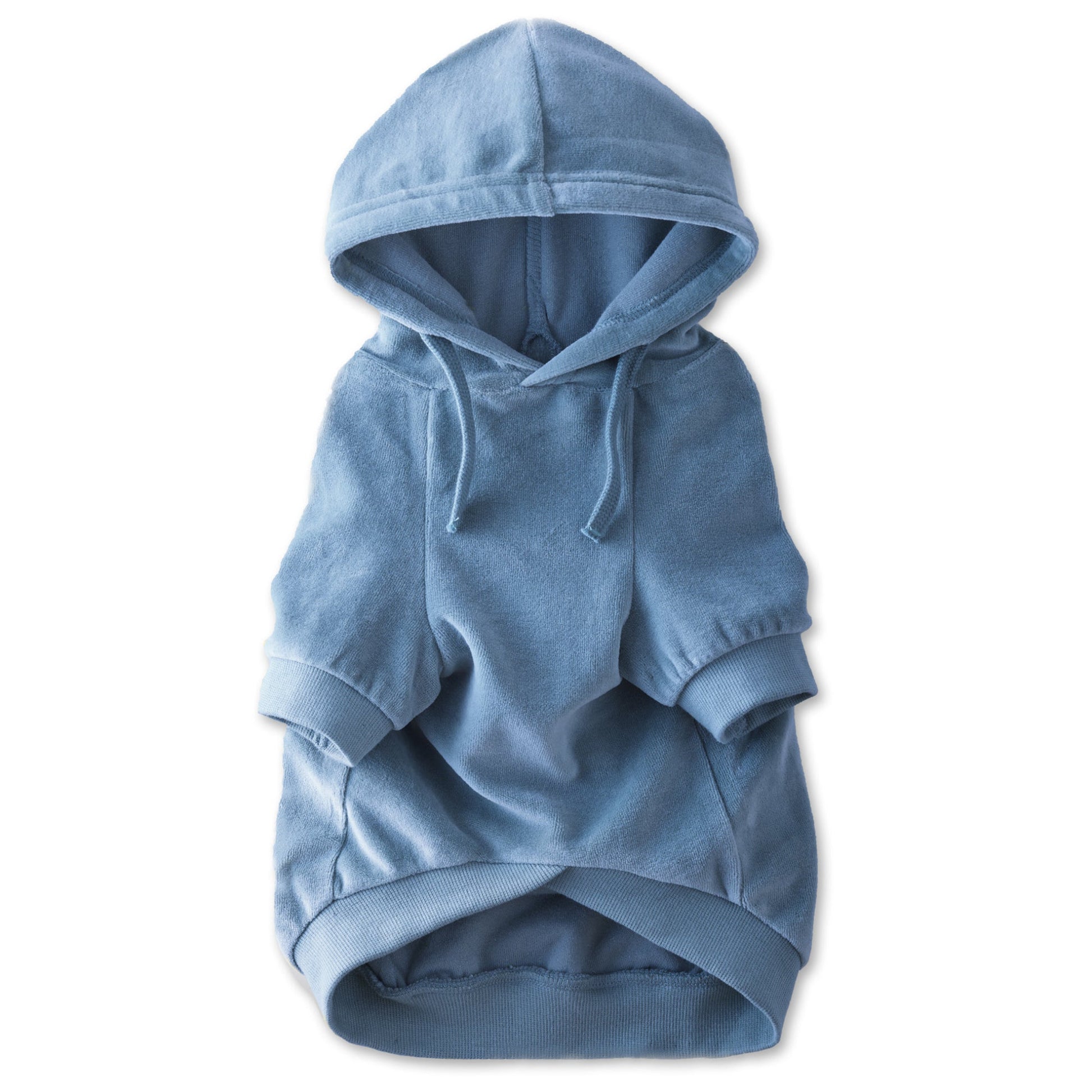 Pet Passion Cooper II cozy velour dog hoodie in Faded Denim — soft organic cotton velour sweatshirt for small to large dogs