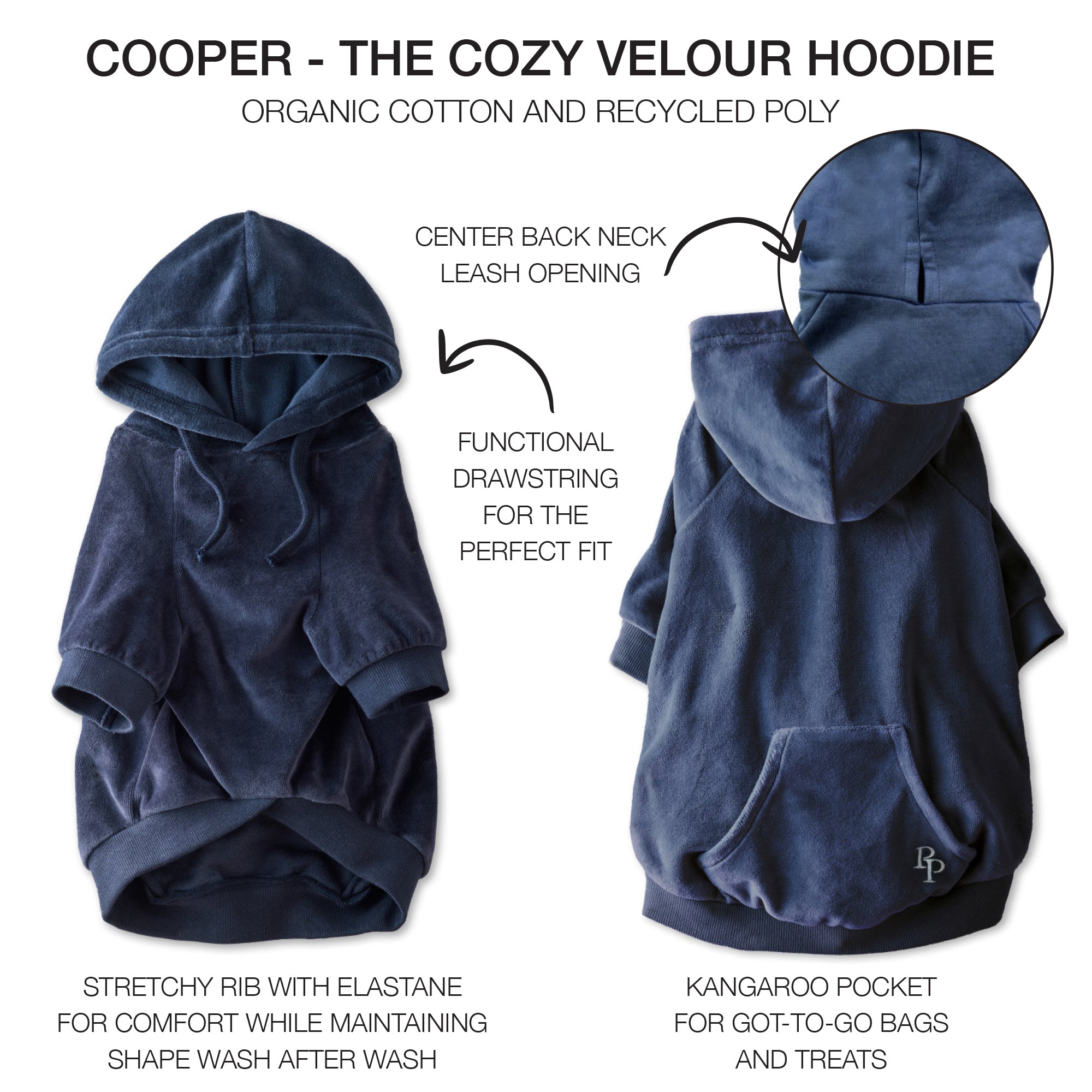 Pet Passion Cooper II cozy velour dog hoodie in Navy — soft organic cotton velour sweatshirt for small to large dogs